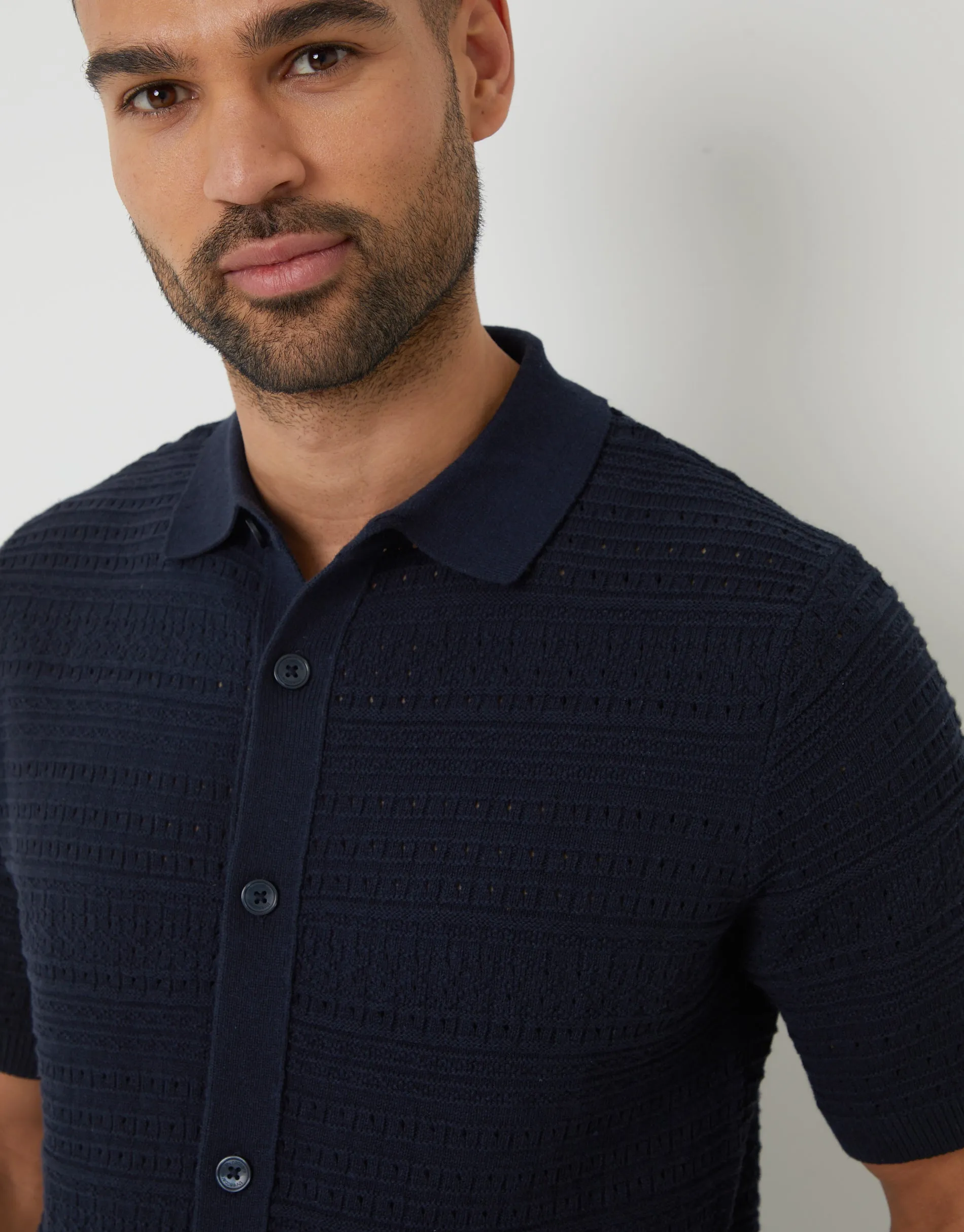 Navy Textured Knitted Button Through Polo Shirt sold by Threadbare product image thumbnail 4