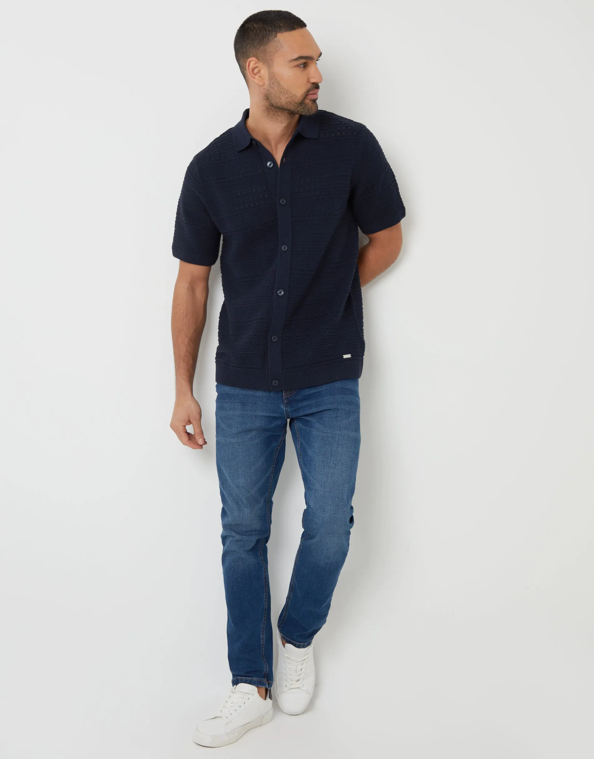 Navy Textured Knitted Button Through Polo Shirt sold by Threadbare product image thumbnail 3