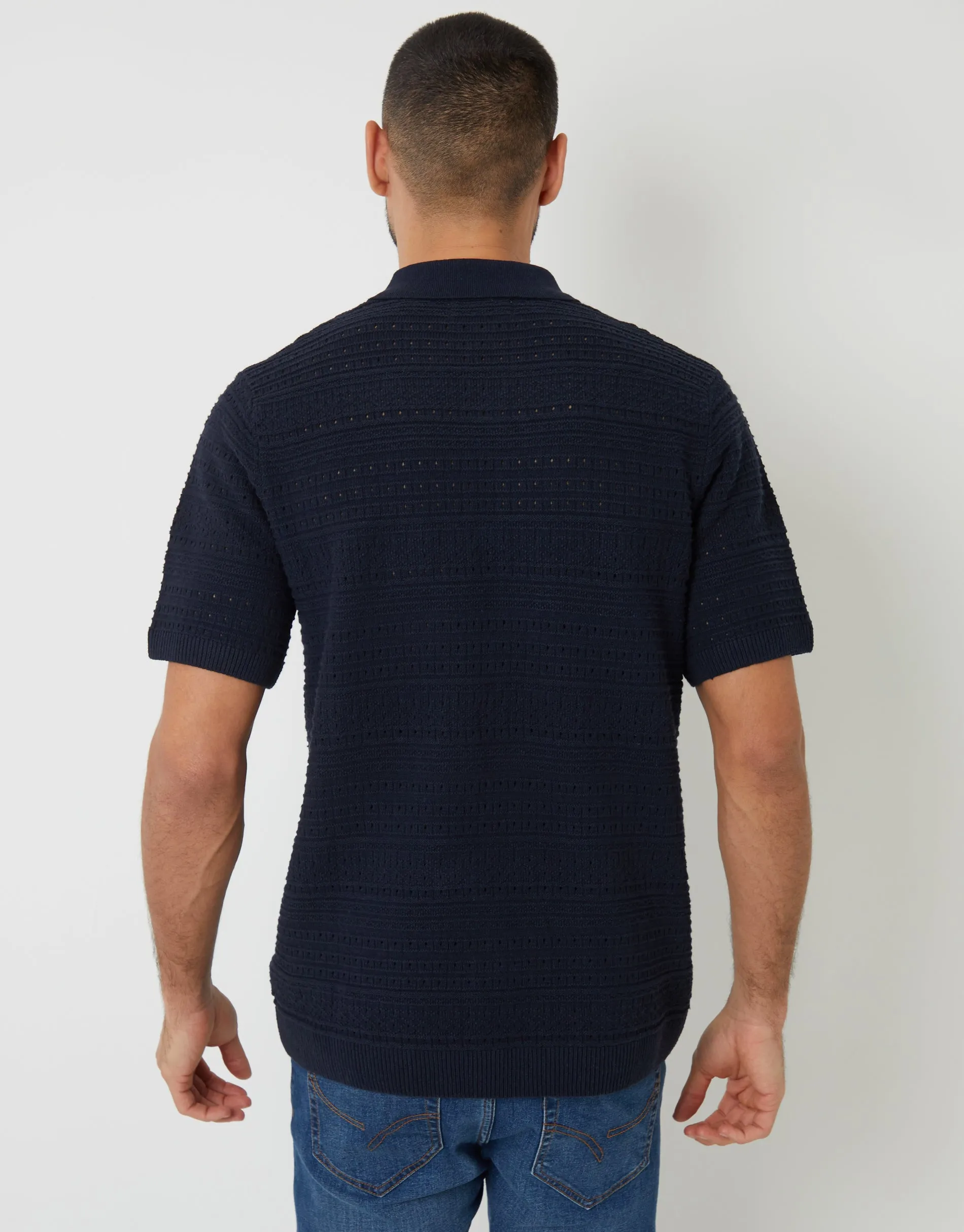 Navy Textured Knitted Button Through Polo Shirt sold by Threadbare product image thumbnail 2