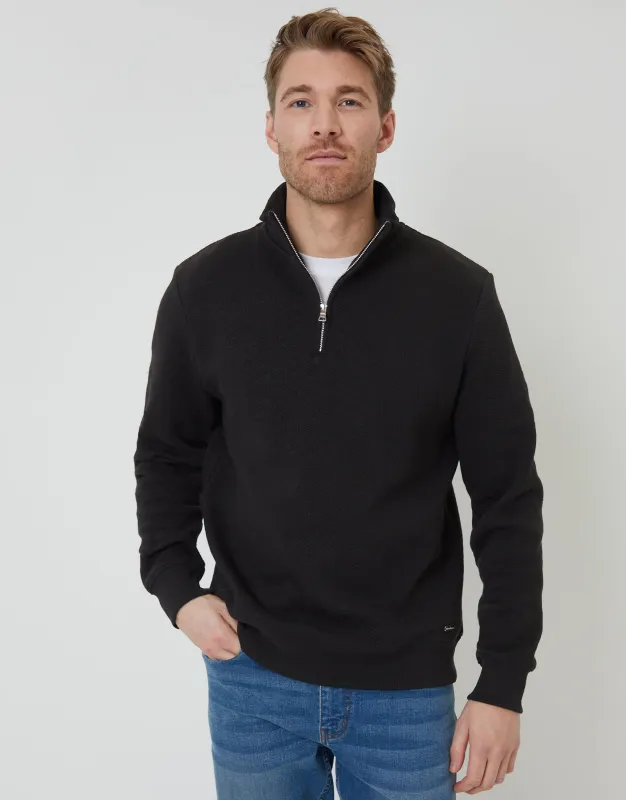 Black Jacquard Textured Quarter Zip Sweatshirt sold by Threadbare