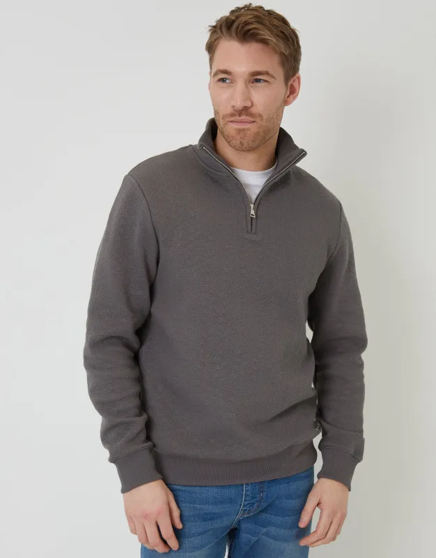 Slate Grey Jacquard Textured Quarter Zip Sweatshirt sold by Threadbare