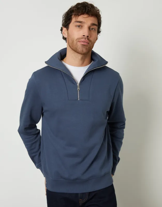Denim Blue Quarter Zip Funnel Neck Sweatshirt sold by Threadbare