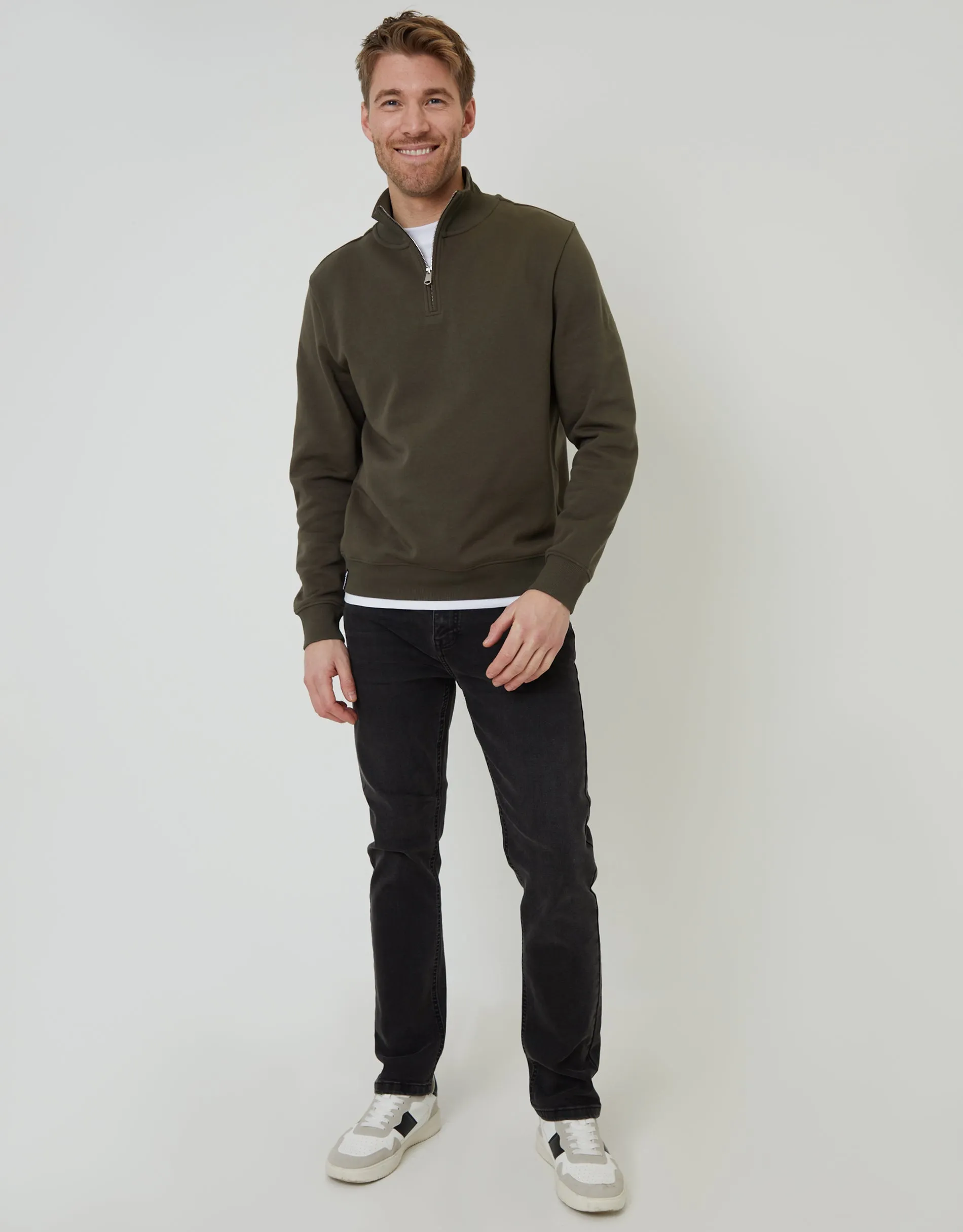 Khaki Green Mock T-Shirt Quarter Zip Sweatshirt sold by Threadbare product image thumbnail 3