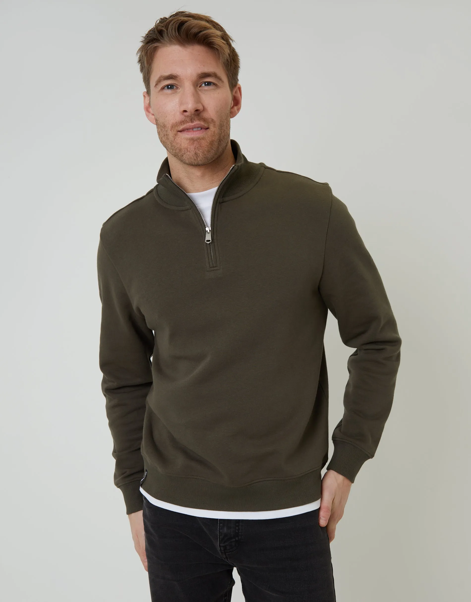 Khaki Green Mock T-Shirt Quarter Zip Sweatshirt sold by Threadbare