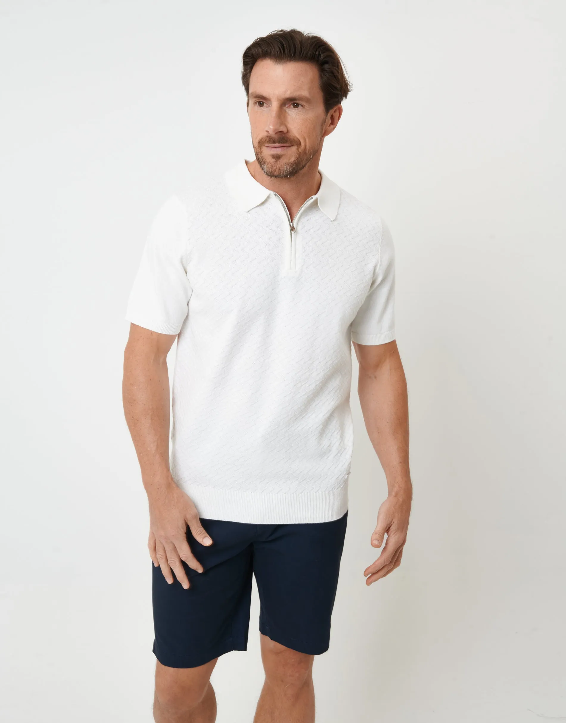 Ecru Textured Front Quarter Zip Knitted Polo sold by Threadbare