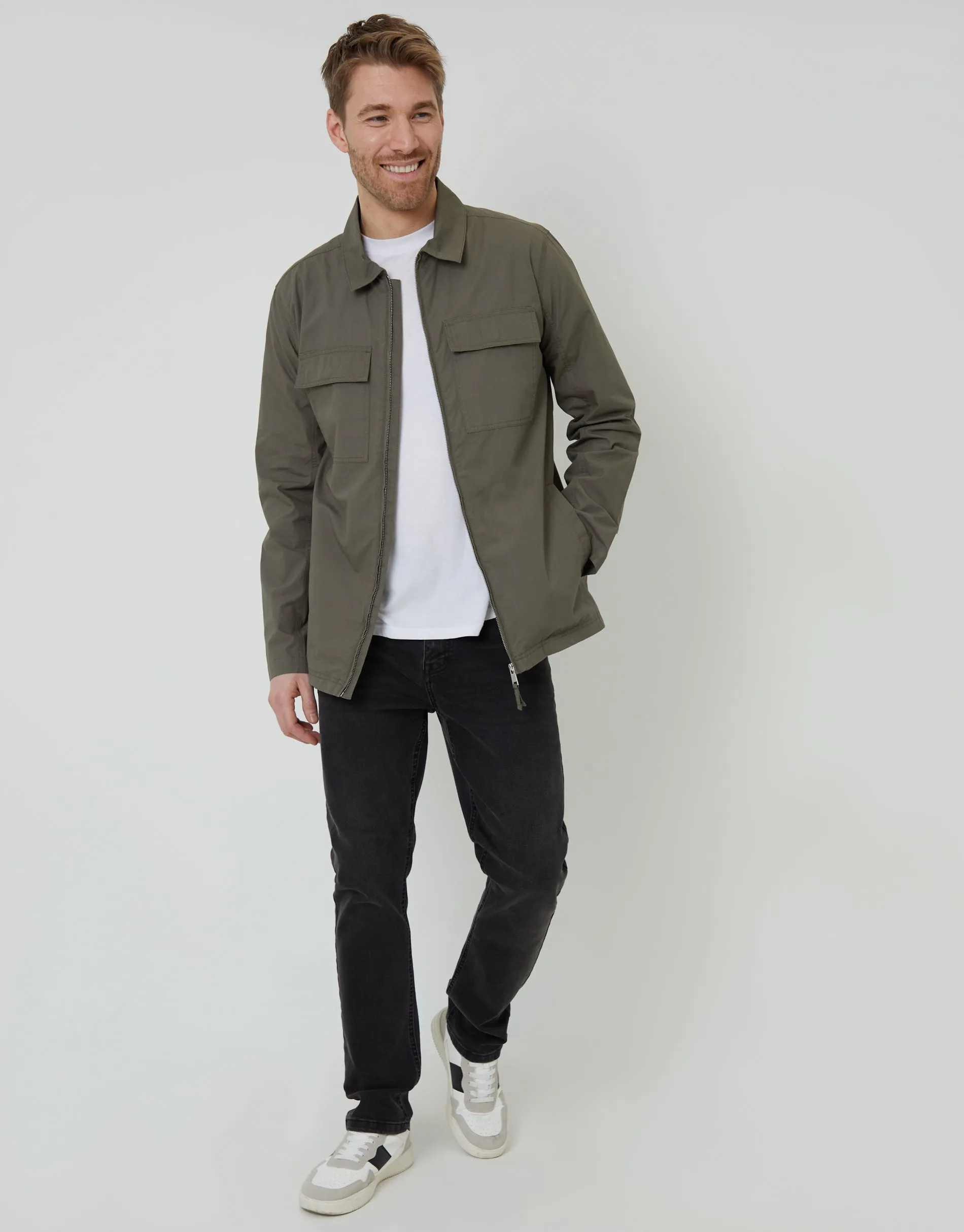 Khaki Green Cotton Poplin Lightweight Collared Jacket sold by Threadbare product image thumbnail 3