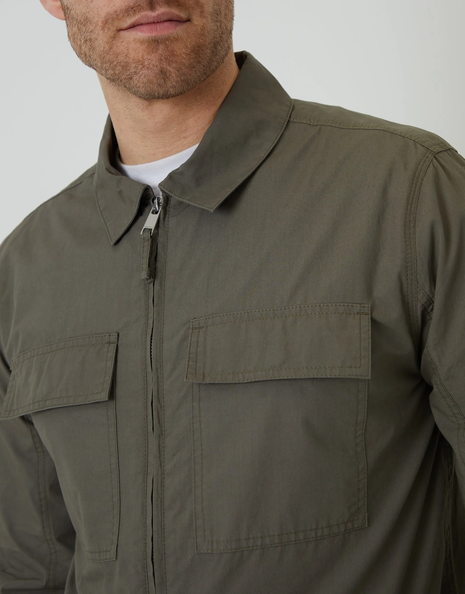 Khaki Green Cotton Poplin Lightweight Collared Jacket sold by Threadbare product image thumbnail 4