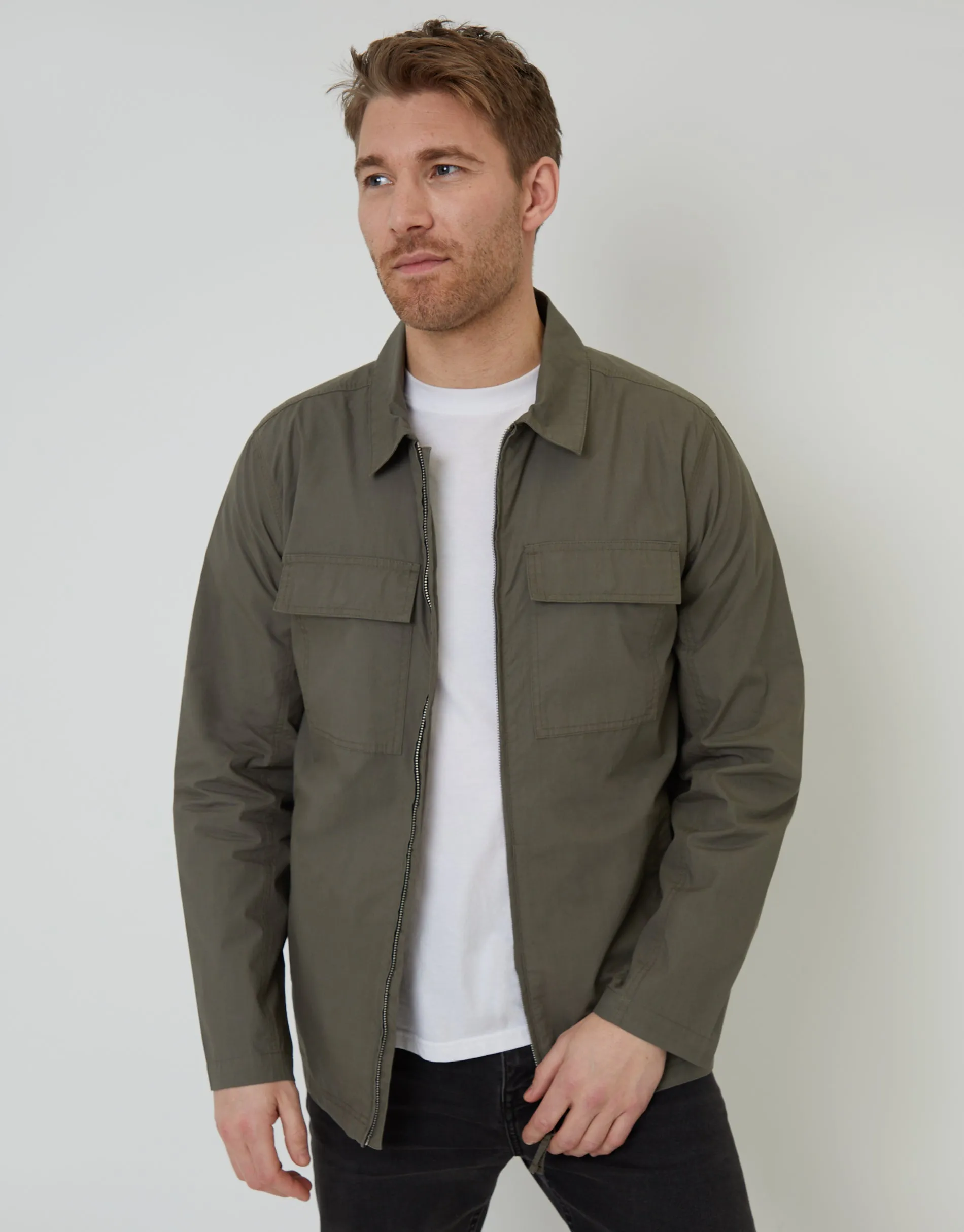 Khaki Green Cotton Poplin Lightweight Collared Jacket sold by Threadbare