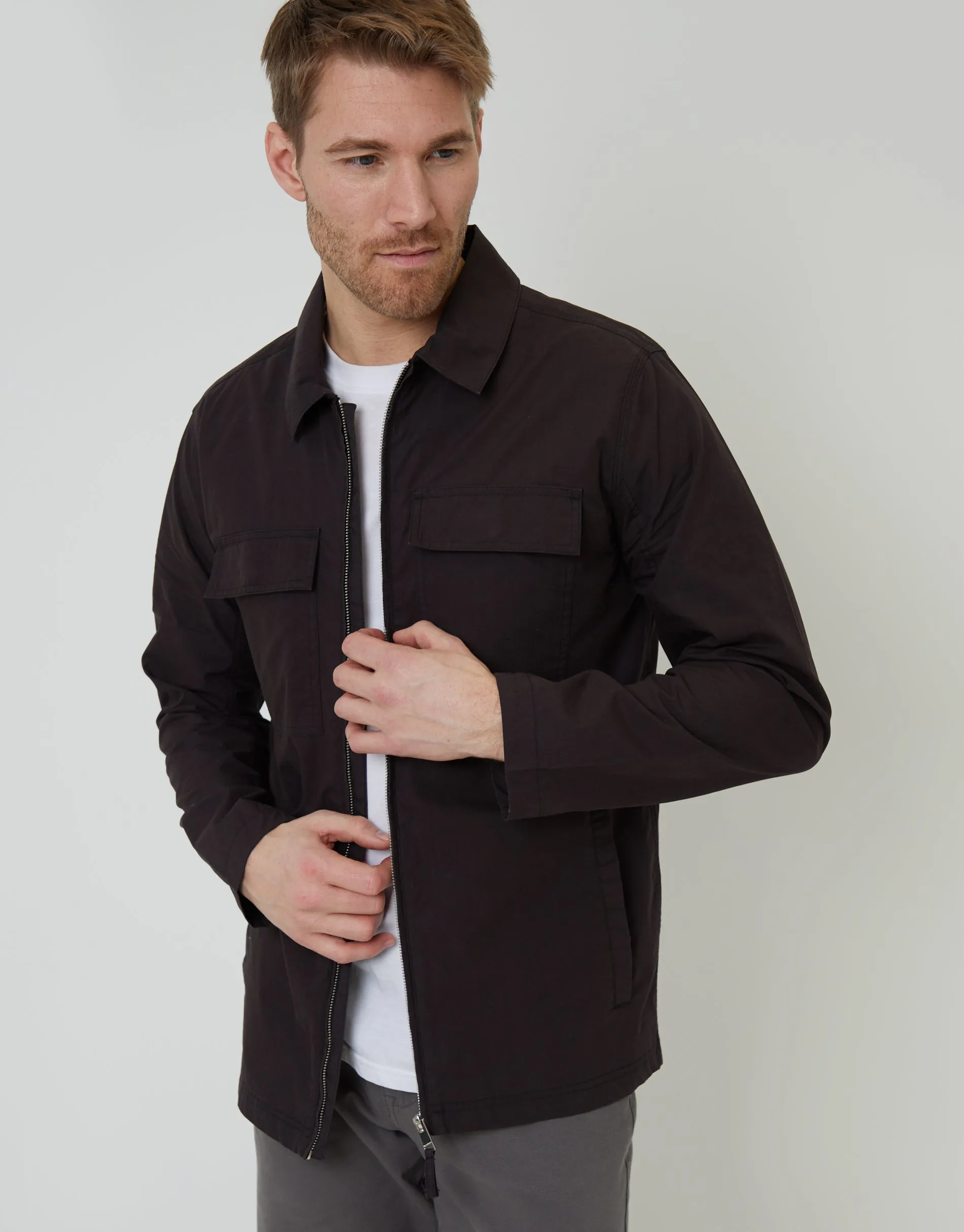 Black Cotton Poplin Lightweight Collared Jacket sold by Threadbare