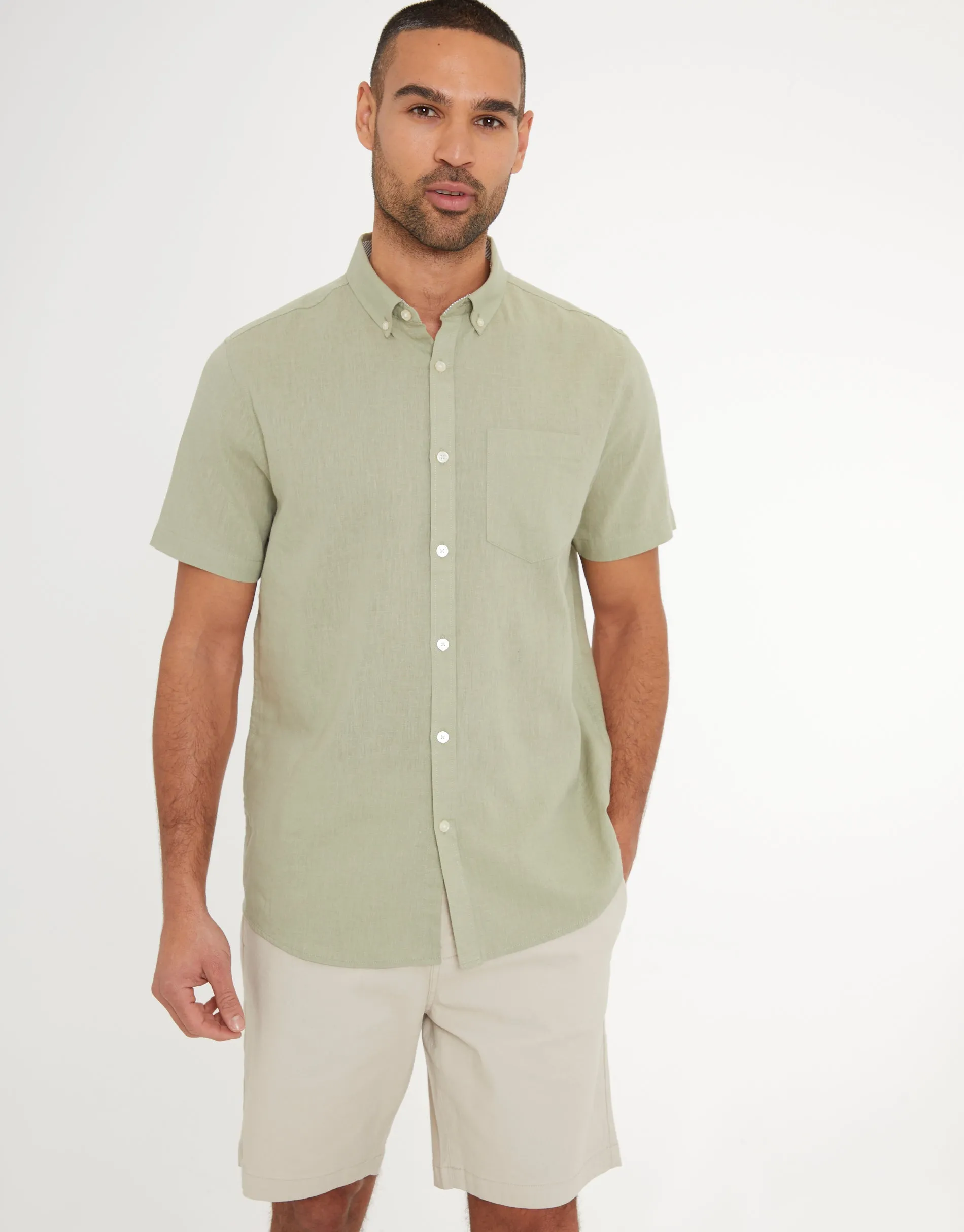Threadbare Men's Olive Green Short Sleeve Linen Blend Shirt sold by Threadbare