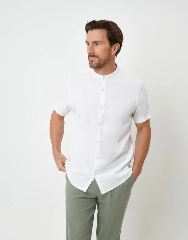 White Grandad Collar Linen Blend Short Sleeve Shirt sold by Threadbare