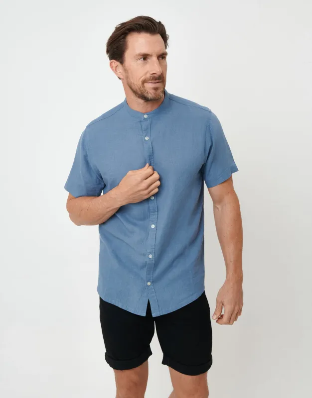 Denim Blue Grandad Collar Linen Blend Short Sleeve Shirt sold by Threadbare