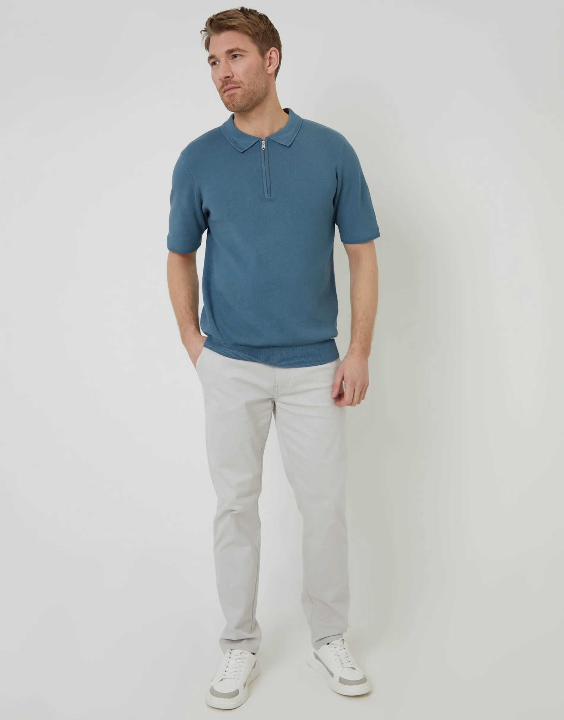 Blue Quarter Zip Textured Trim Knitted Polo sold by Threadbare product image thumbnail 3