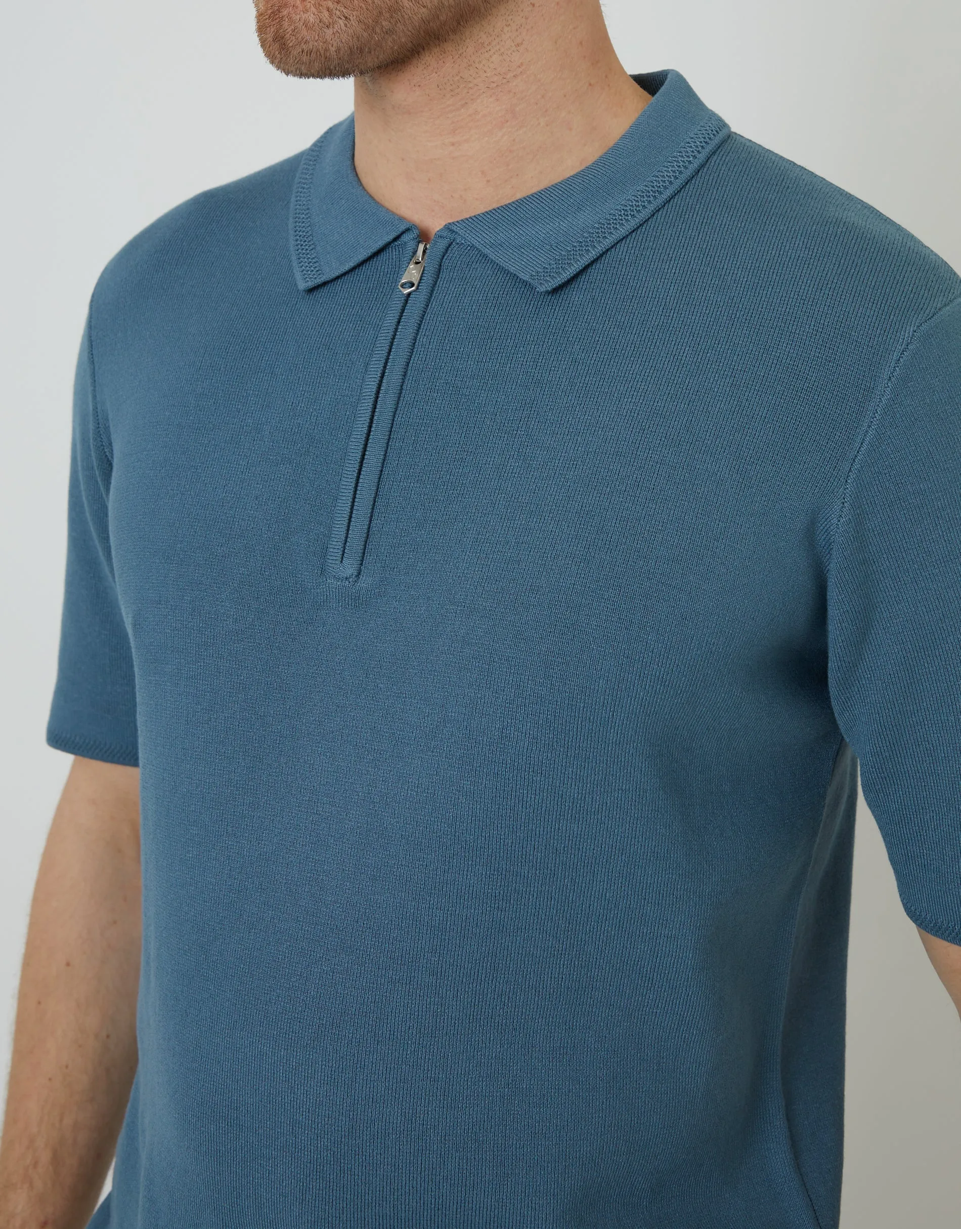 Blue Quarter Zip Textured Trim Knitted Polo sold by Threadbare product image thumbnail 4