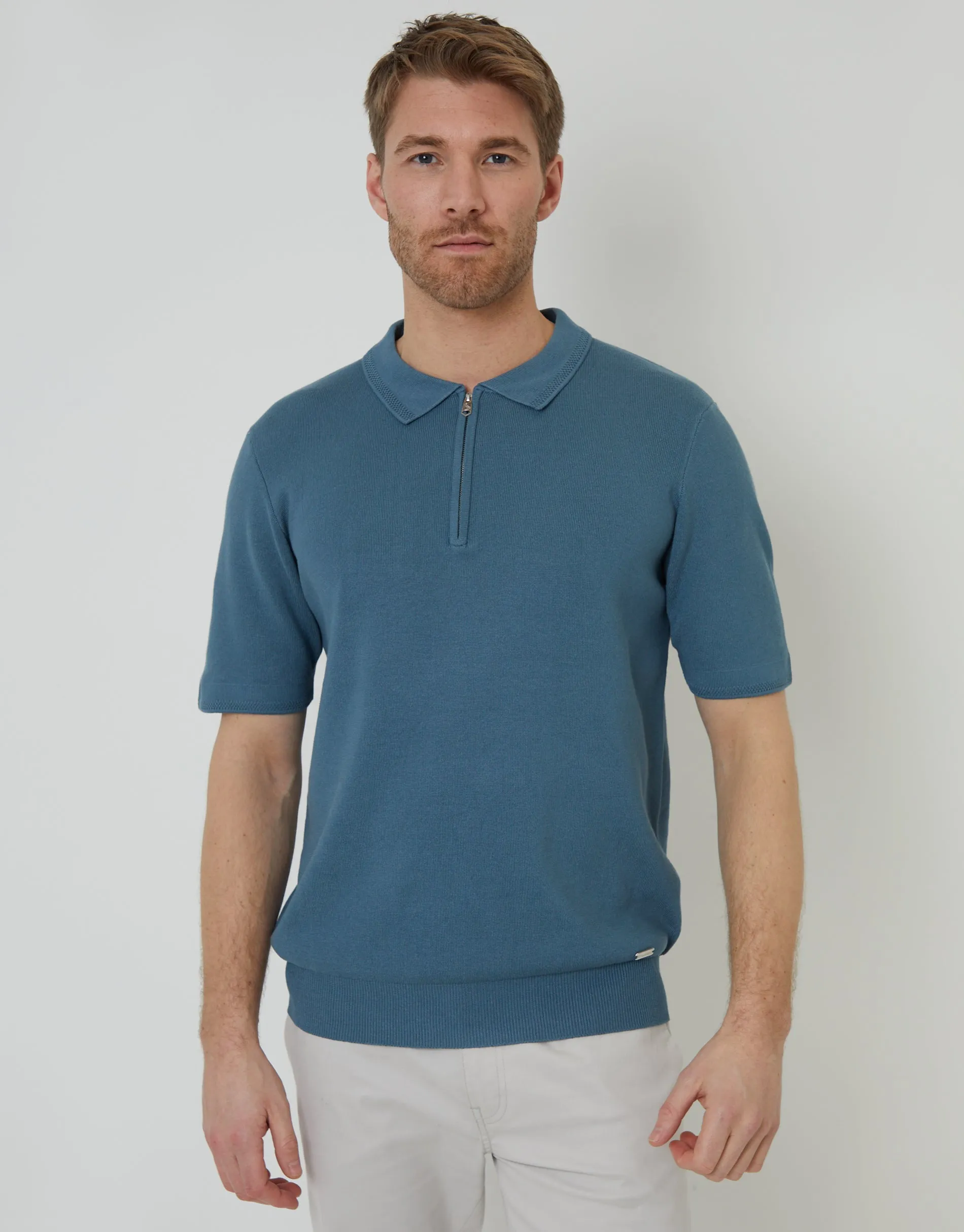 Blue Quarter Zip Textured Trim Knitted Polo sold by Threadbare