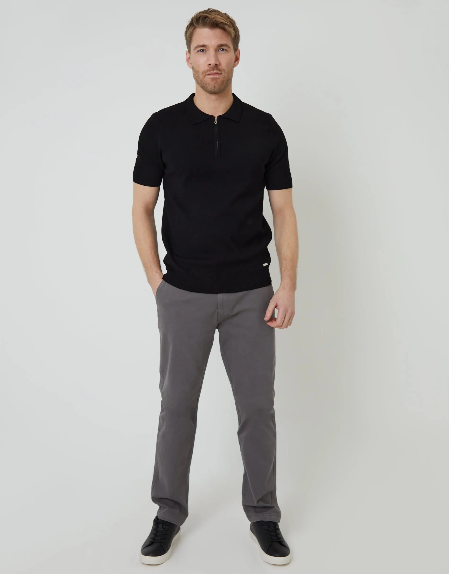 Black Quarter Zip Textured Trim Knitted Polo sold by Threadbare product image thumbnail 3