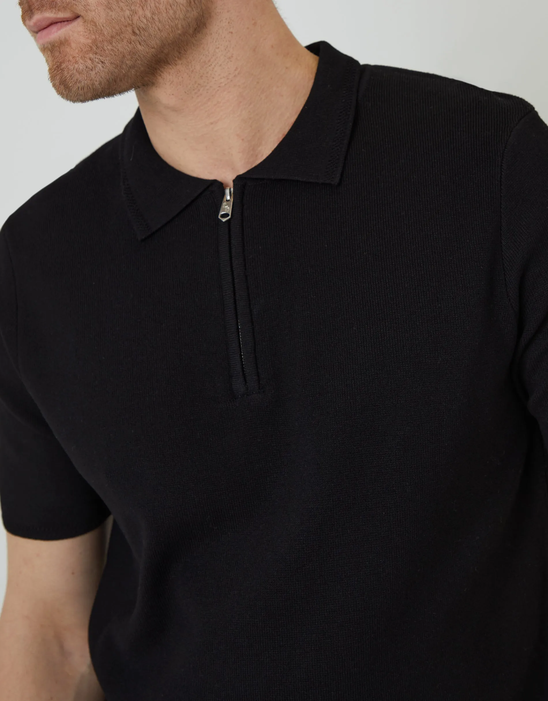 Black Quarter Zip Textured Trim Knitted Polo sold by Threadbare product image thumbnail 4