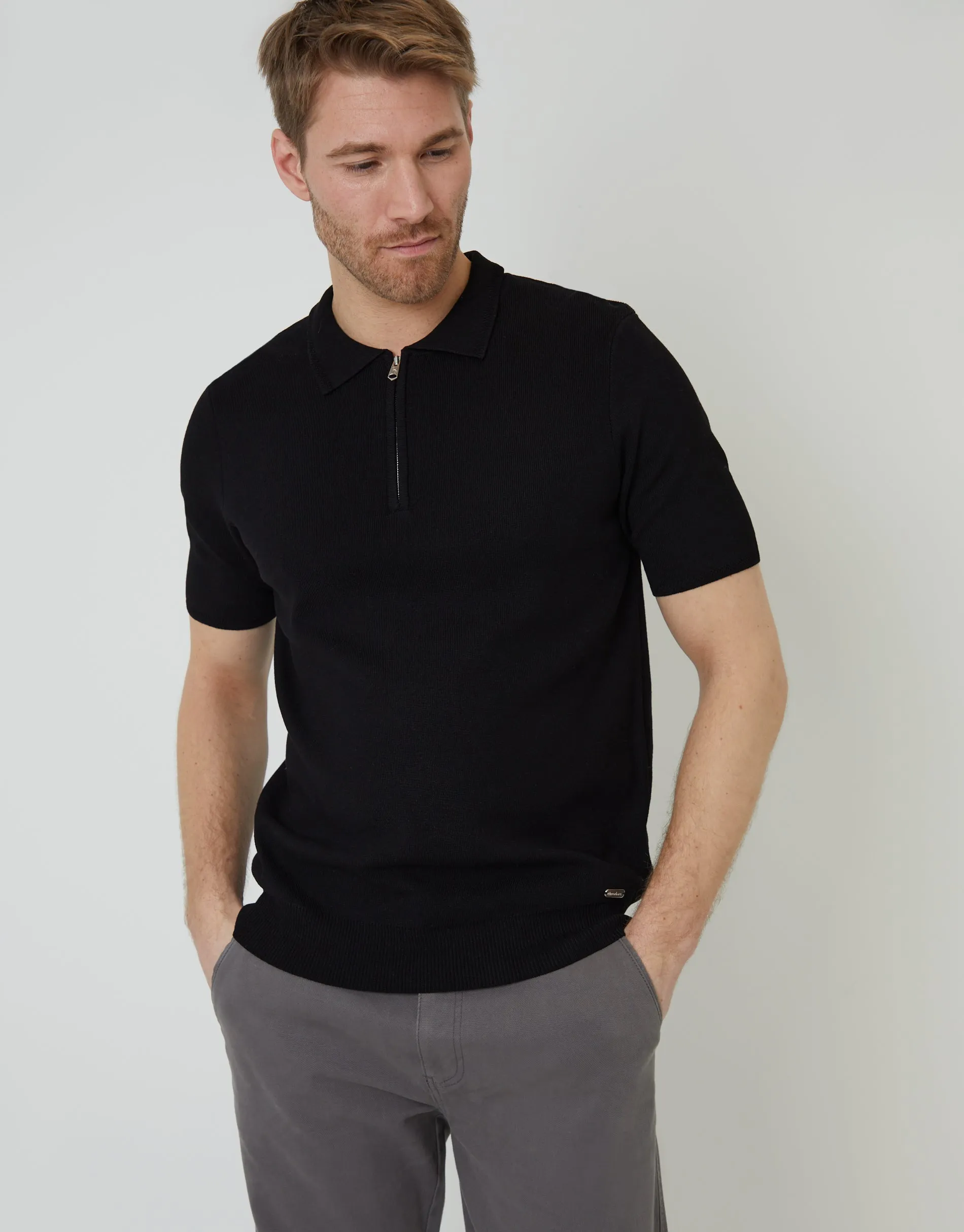 Black Quarter Zip Textured Trim Knitted Polo sold by Threadbare
