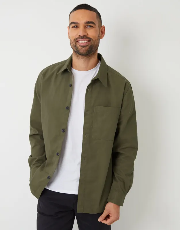 Khaki Green Relaxed Fit Cotton Twill Shacket sold by Threadbare