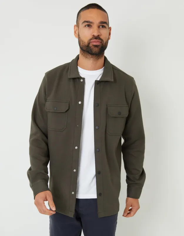 Khaki Green Pique Popper Fastening Shacket sold by Threadbare