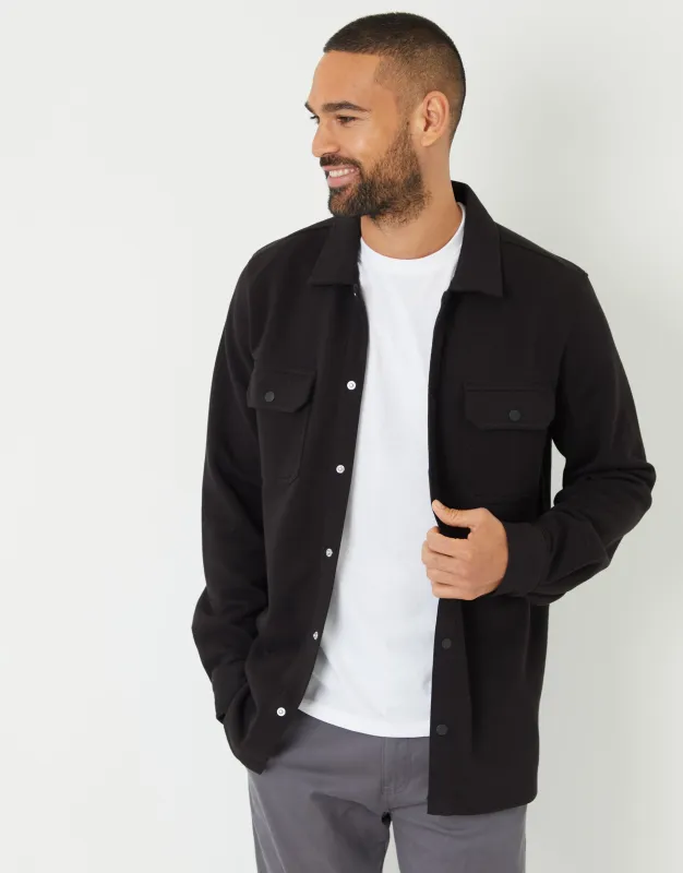 Black Pique Popper Fastening Shacket sold by Threadbare
