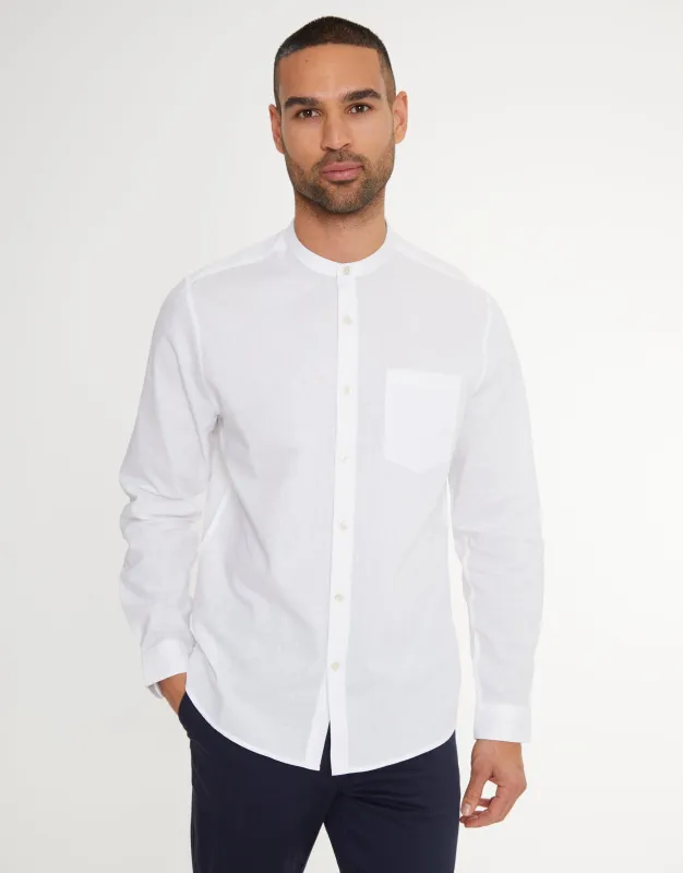 White Grandad Collar Linen Blend Long Sleeve Shirt sold by Threadbare