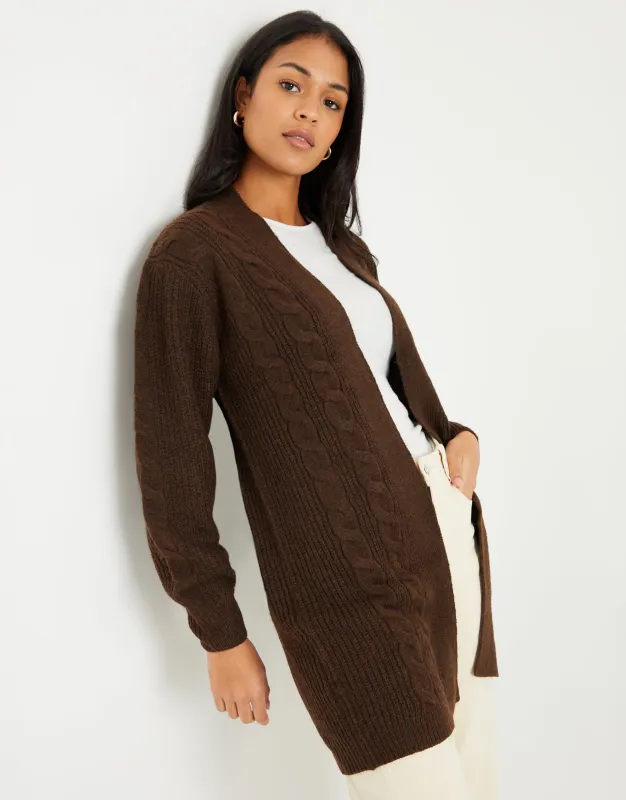 Chocolate Brown Cable Knit Cardigan sold by Threadbare