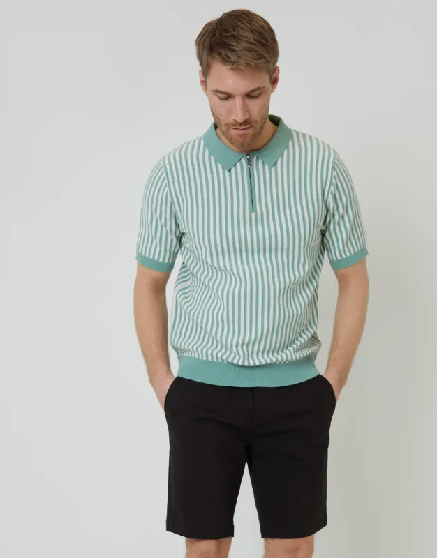 Sage Green Striped Textured Quarter Zip Knitted Polo sold by Threadbare