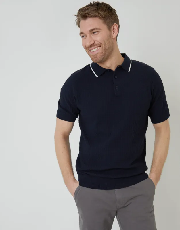 Navy Textured Front Tipping Collar Knitted Polo sold by Threadbare