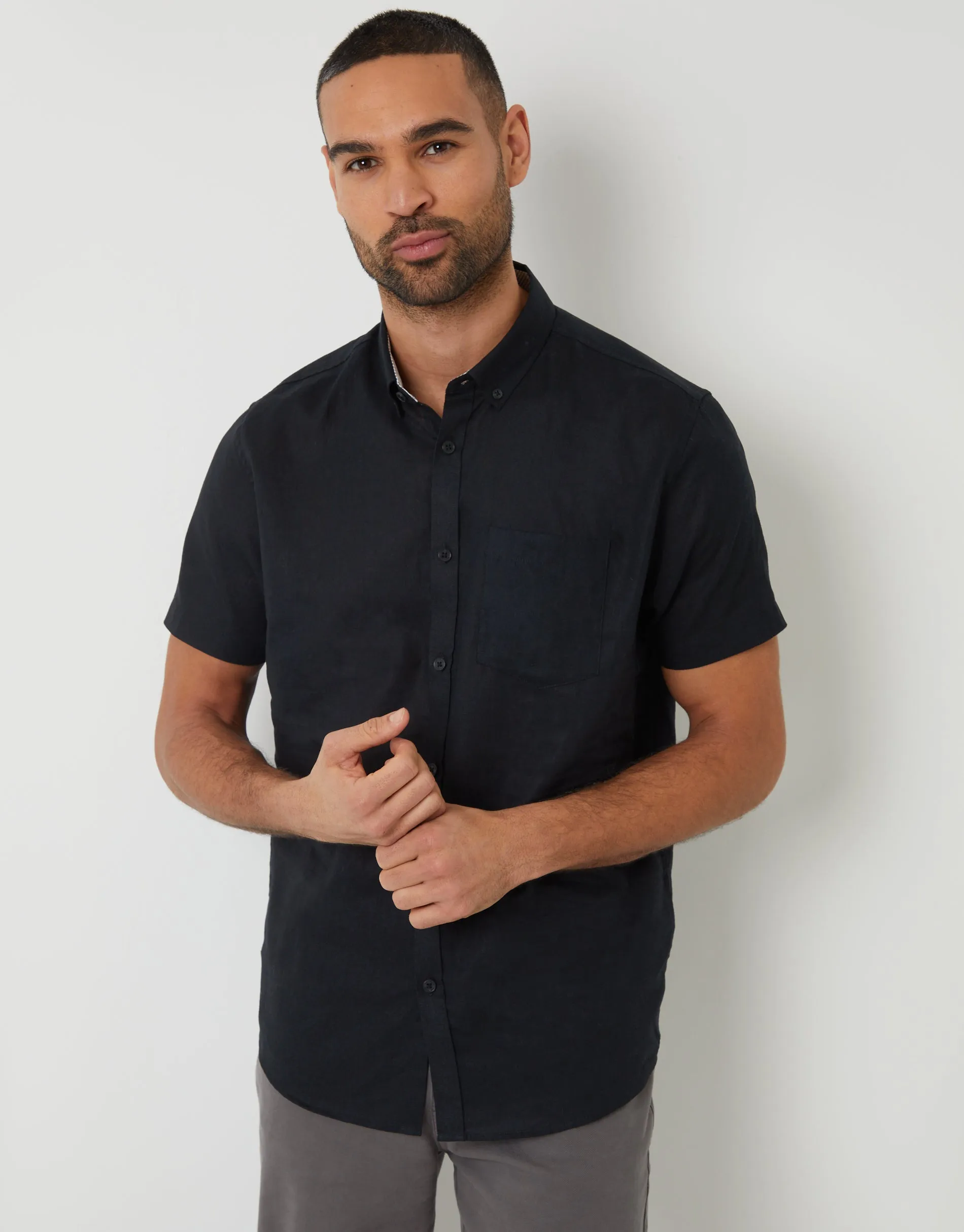 Black Short Sleeve Linen Blend Shirt sold by Threadbare