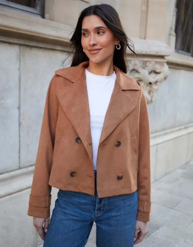 Tan Brown Suedette Cropped Trench Coat sold by Threadbare