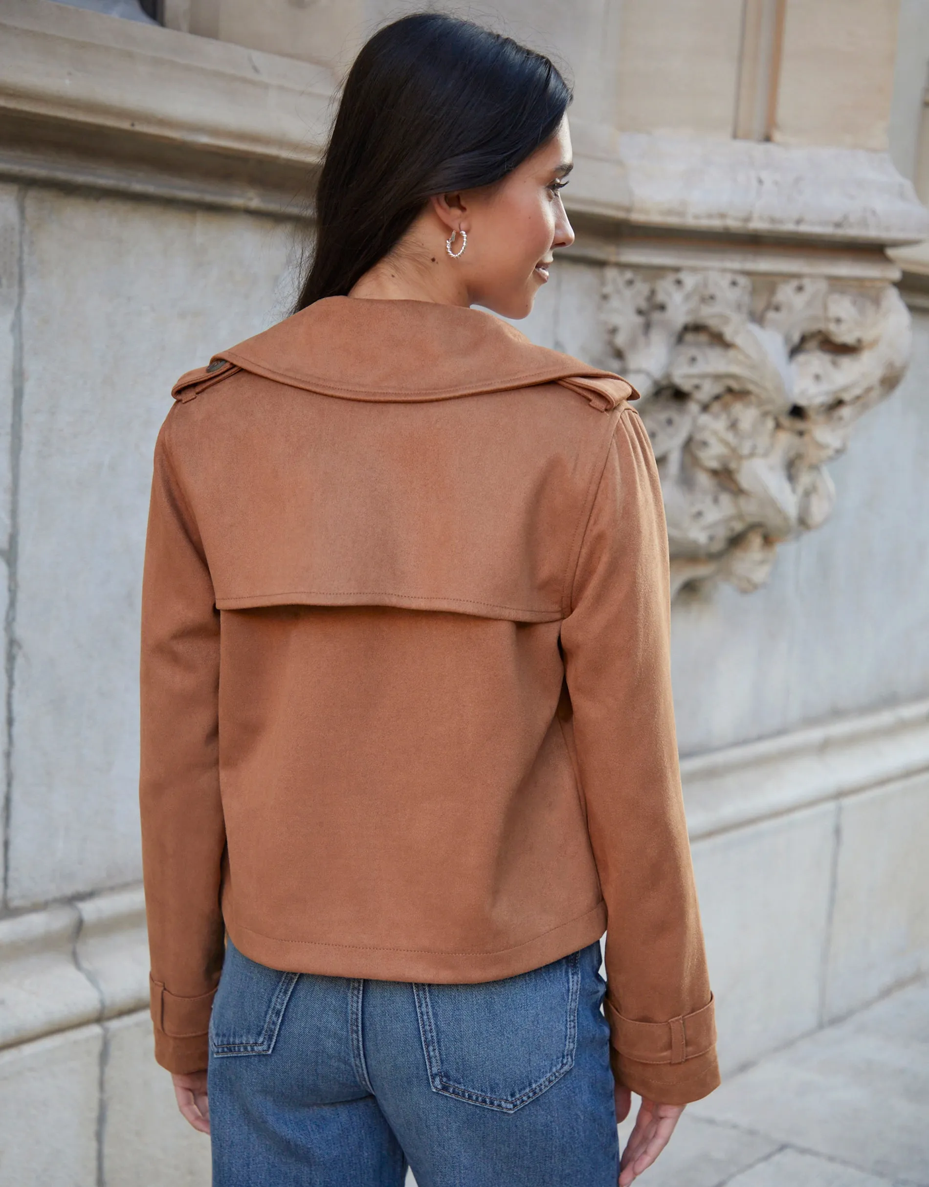 Tan Brown Suedette Cropped Trench Coat sold by Threadbare product image thumbnail 2