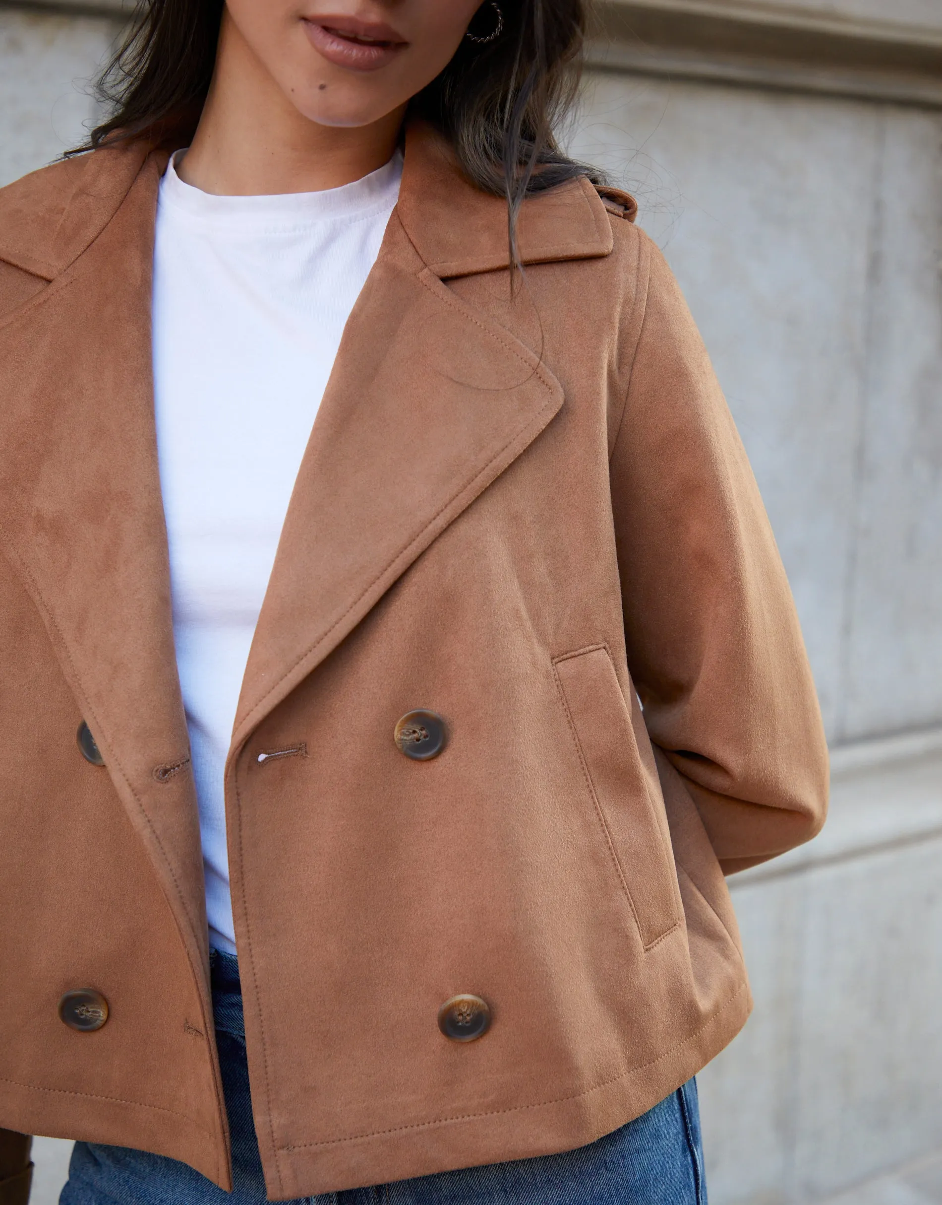 Tan Brown Suedette Cropped Trench Coat sold by Threadbare product image thumbnail 3