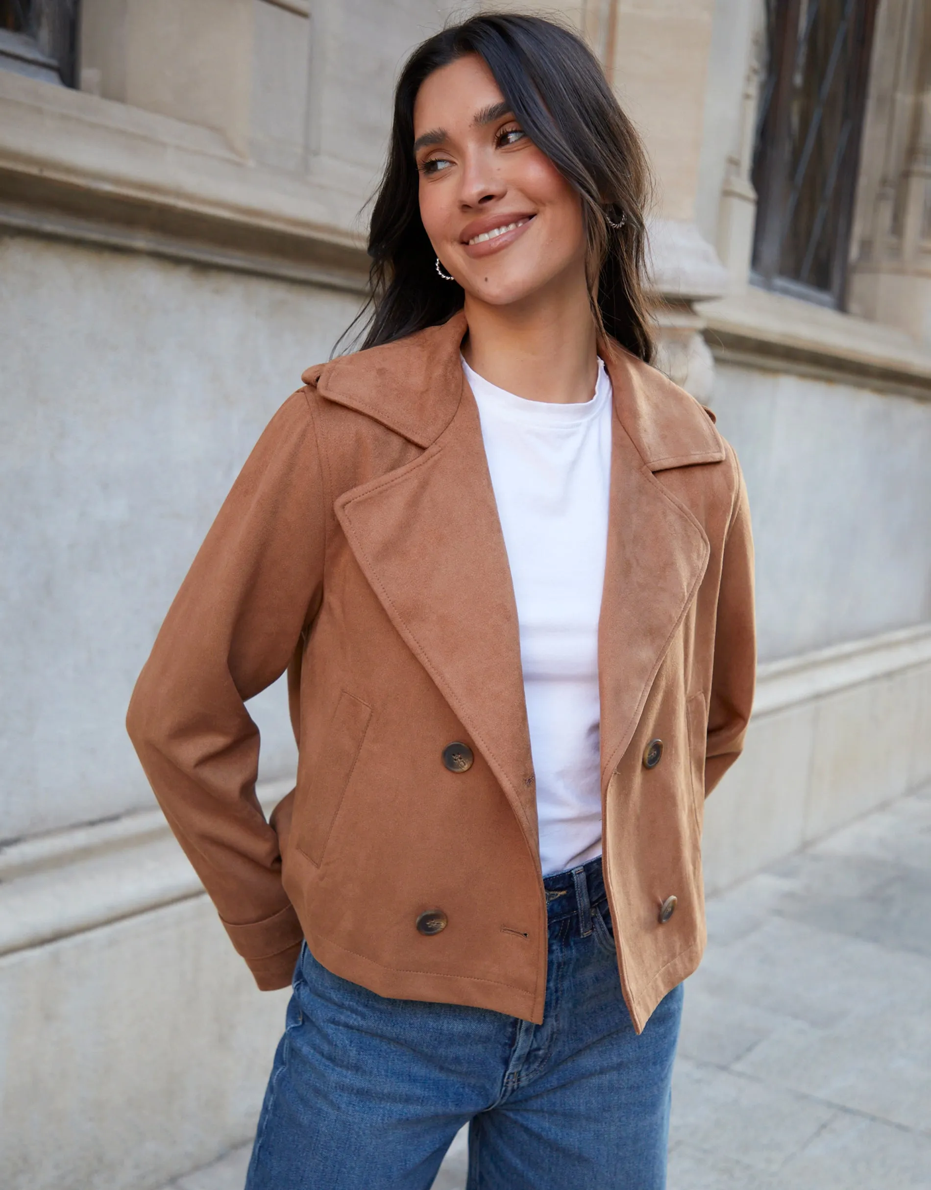 Tan Brown Suedette Cropped Trench Coat sold by Threadbare product image thumbnail 4
