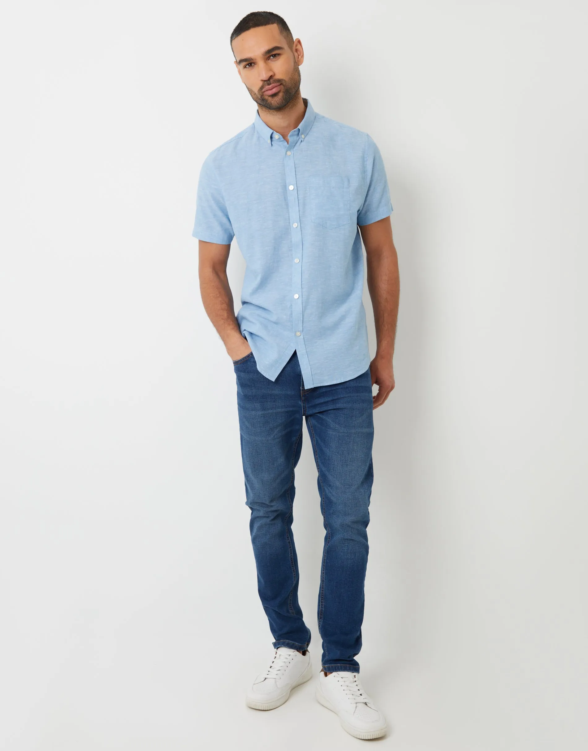 Threadbare Men's Denim Blue Short Sleeve Linen Blend Shirt sold by Threadbare product image thumbnail 3