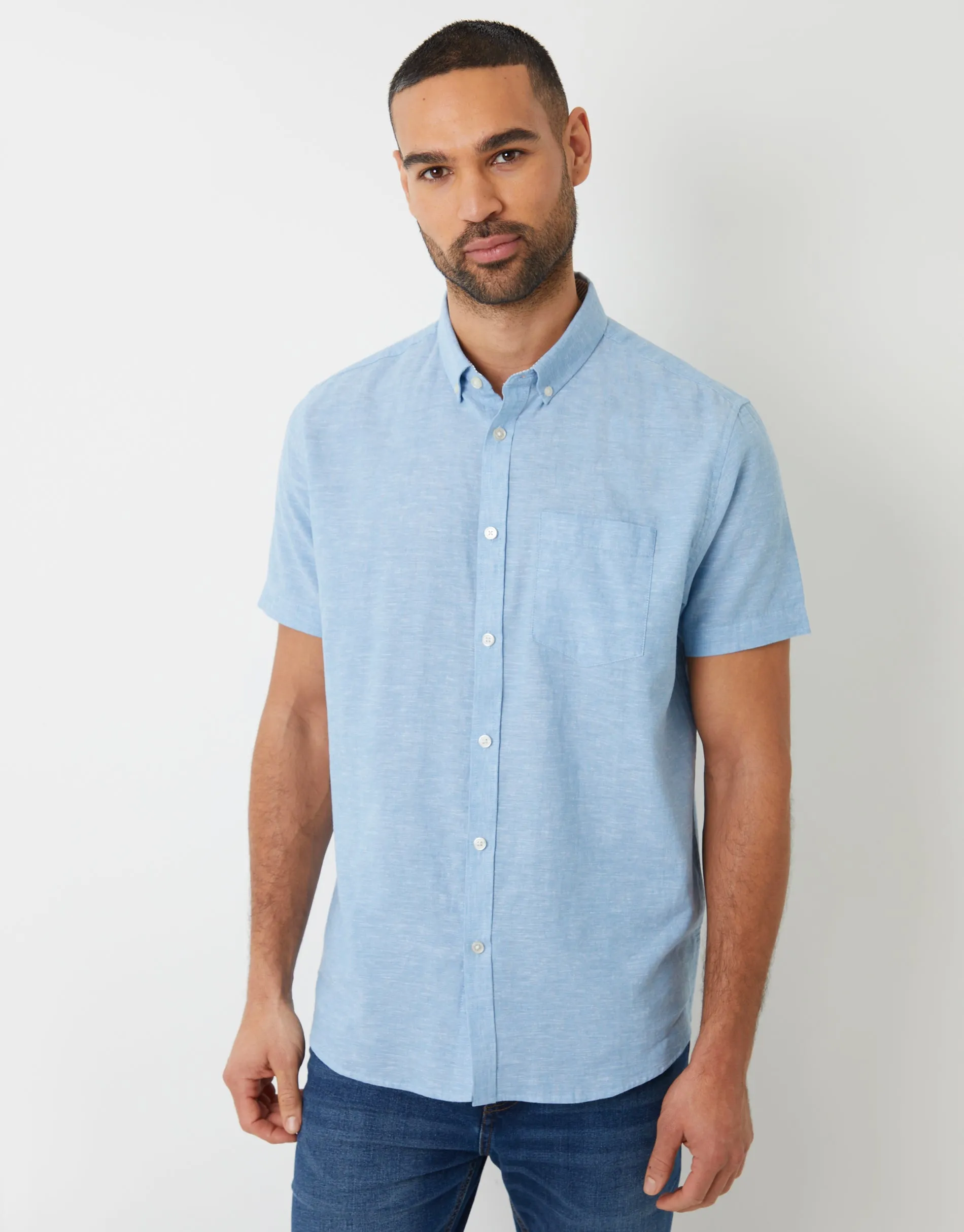 Threadbare Men's Denim Blue Short Sleeve Linen Blend Shirt sold by Threadbare
