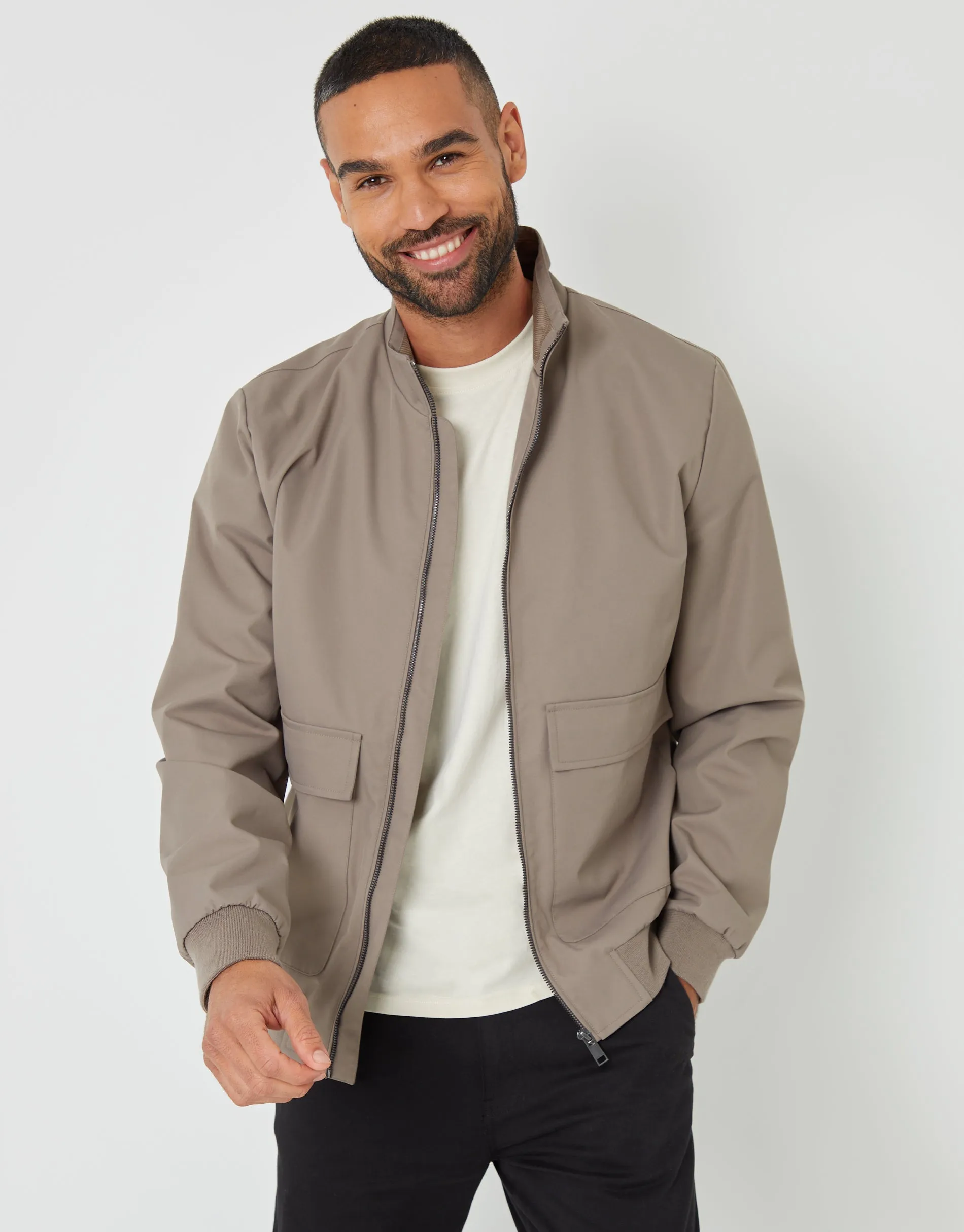 Taupe Patch Pocket Funnel Neck Harrington Style Jacket sold by Threadbare