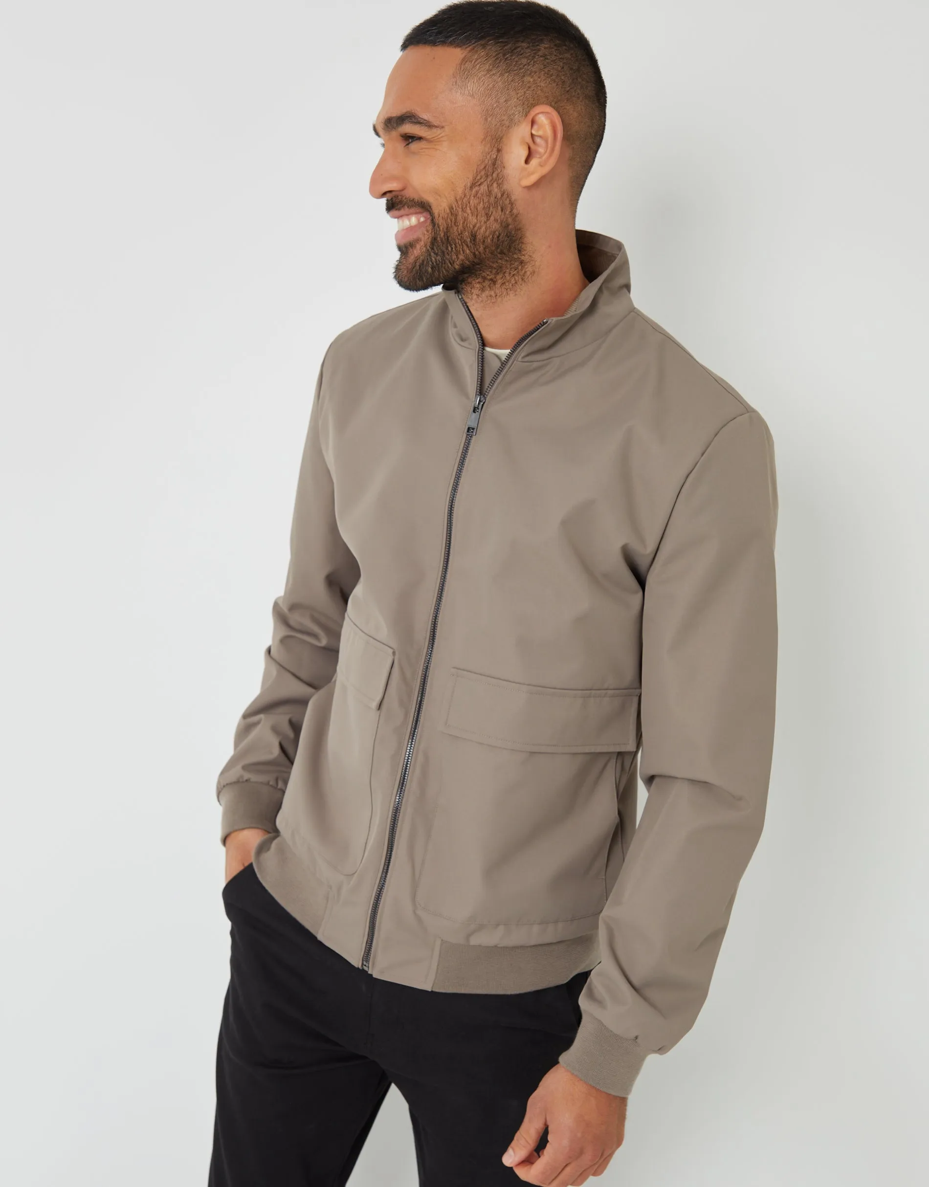 Taupe Patch Pocket Funnel Neck Harrington Style Jacket sold by Threadbare product image thumbnail 5