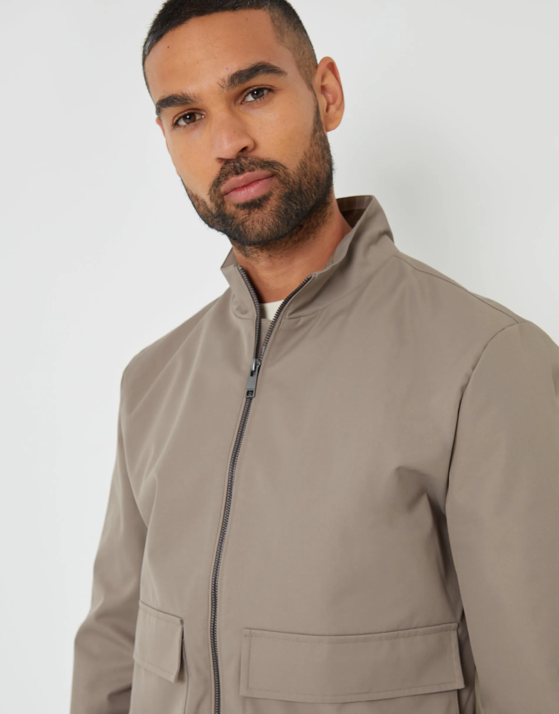 Taupe Patch Pocket Funnel Neck Harrington Style Jacket sold by Threadbare product image thumbnail 4