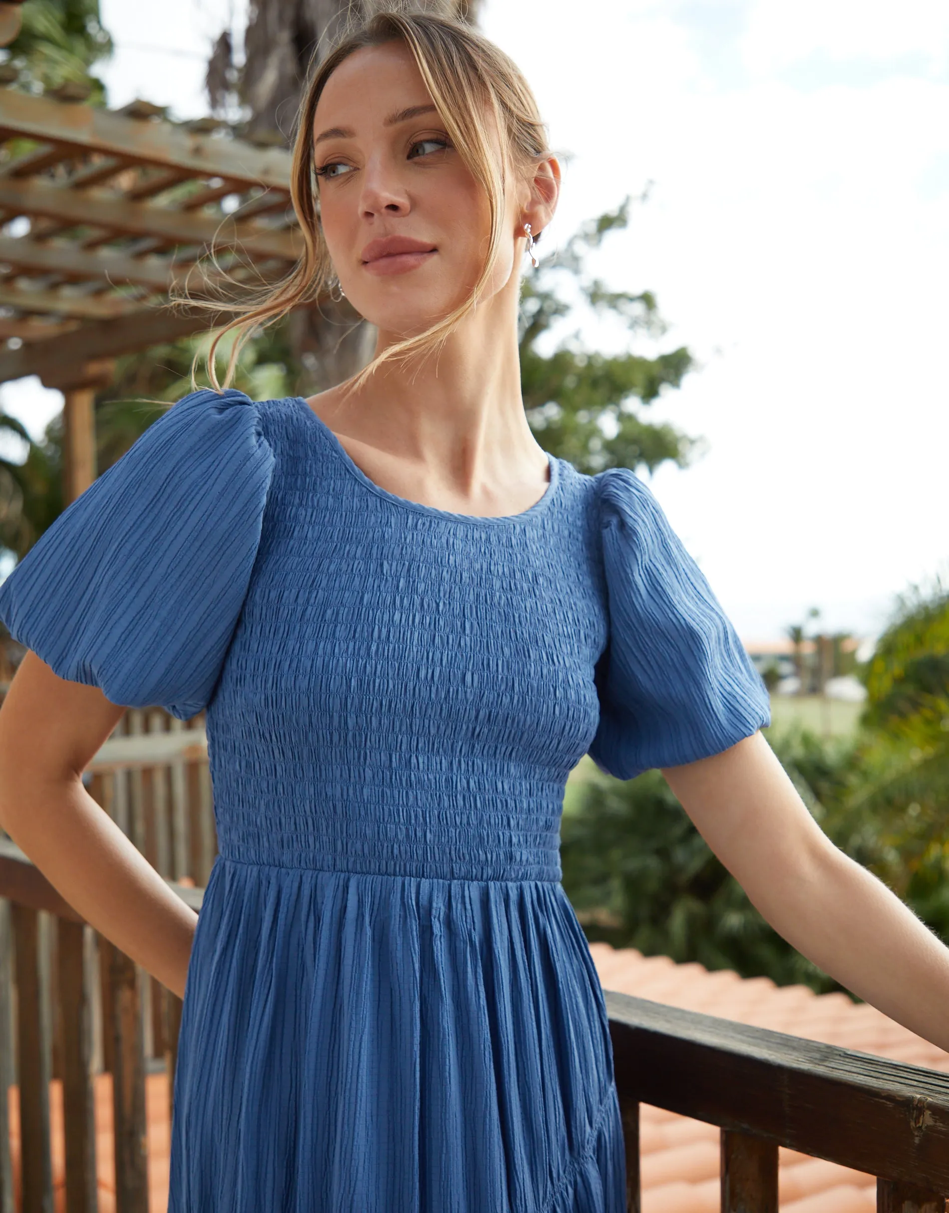 Threadbare Women's Blue Puff Sleeve Shirred Asymmetric Dress sold by Threadbare product image thumbnail 4