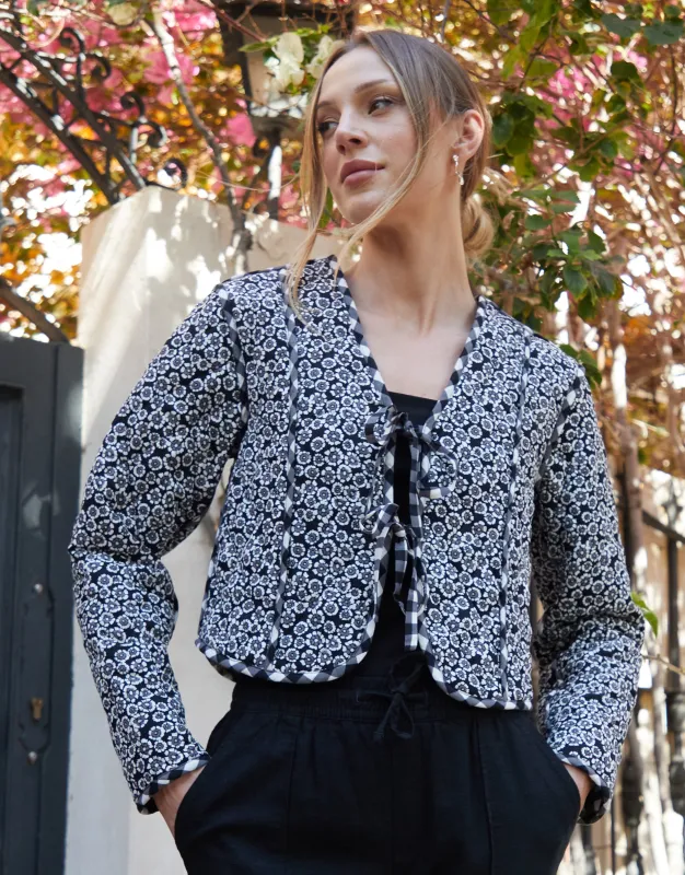Black Floral Tie Front Reversible Quilted Jacket sold by Threadbare