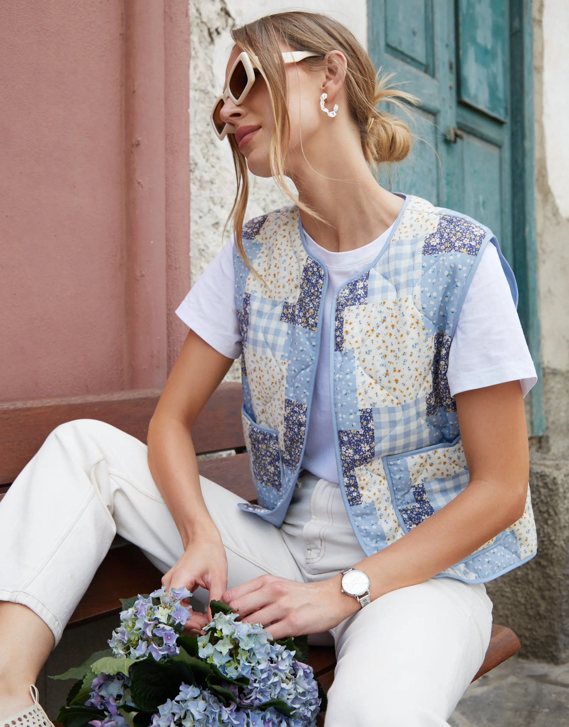 Blue Floral Patchwork Reversible Quilted Gilet sold by Threadbare