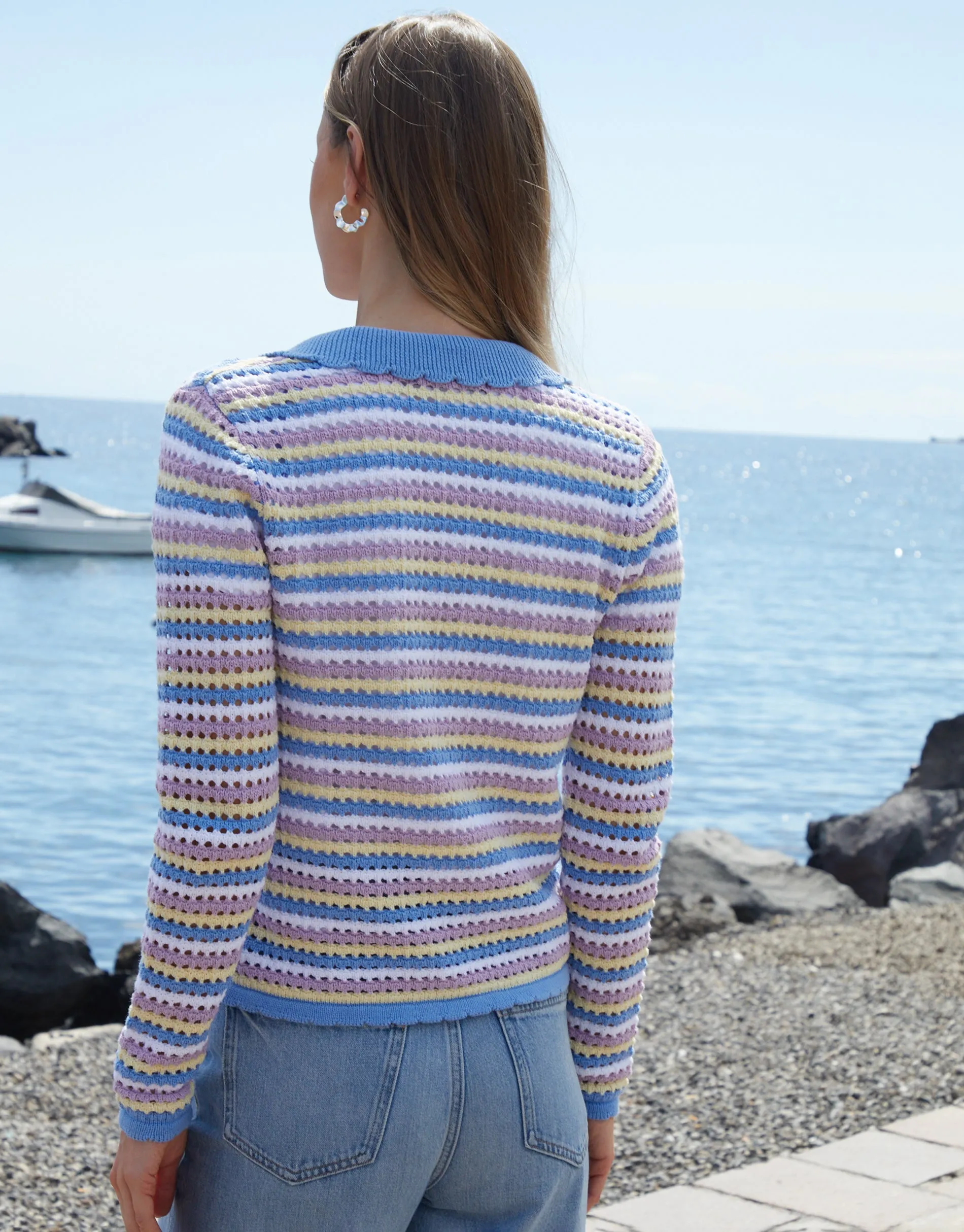 Threadbare Women's Blue Stripe Collared Tie Front Crochet Knit Cardigan sold by Threadbare product image thumbnail 2