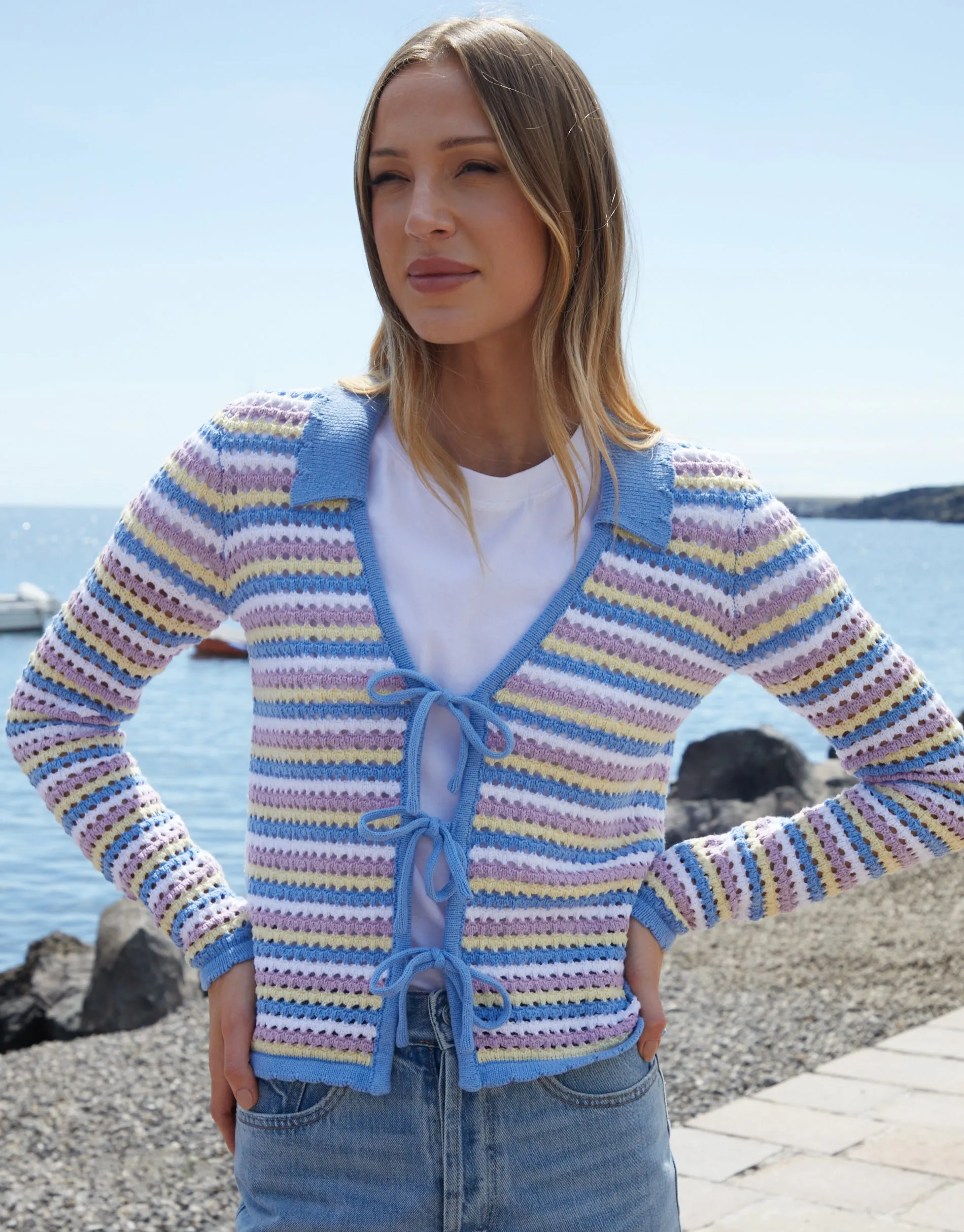 Threadbare Women's Blue Stripe Collared Tie Front Crochet Knit Cardigan sold by Threadbare