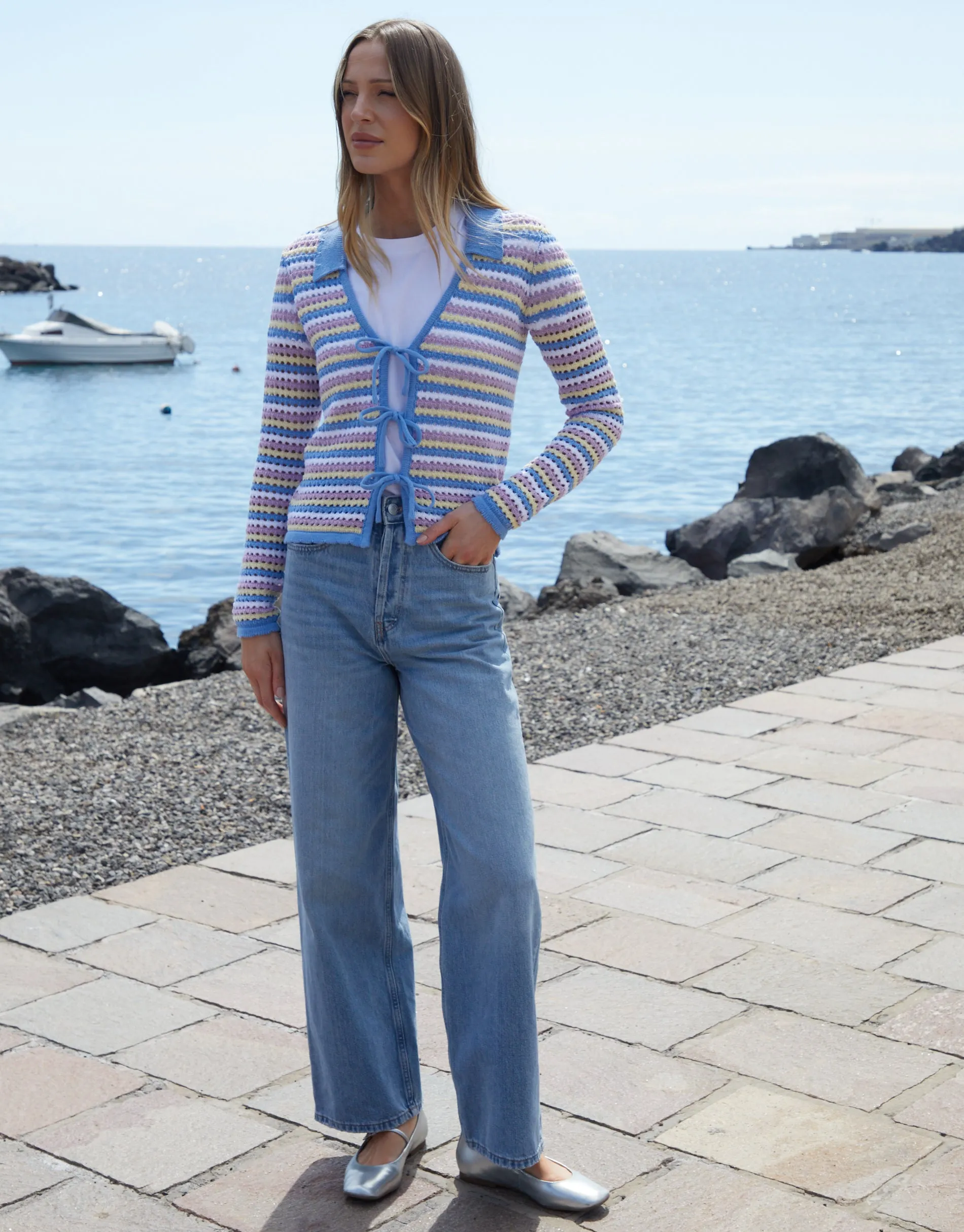 Threadbare Women's Blue Stripe Collared Tie Front Crochet Knit Cardigan sold by Threadbare product image thumbnail 4