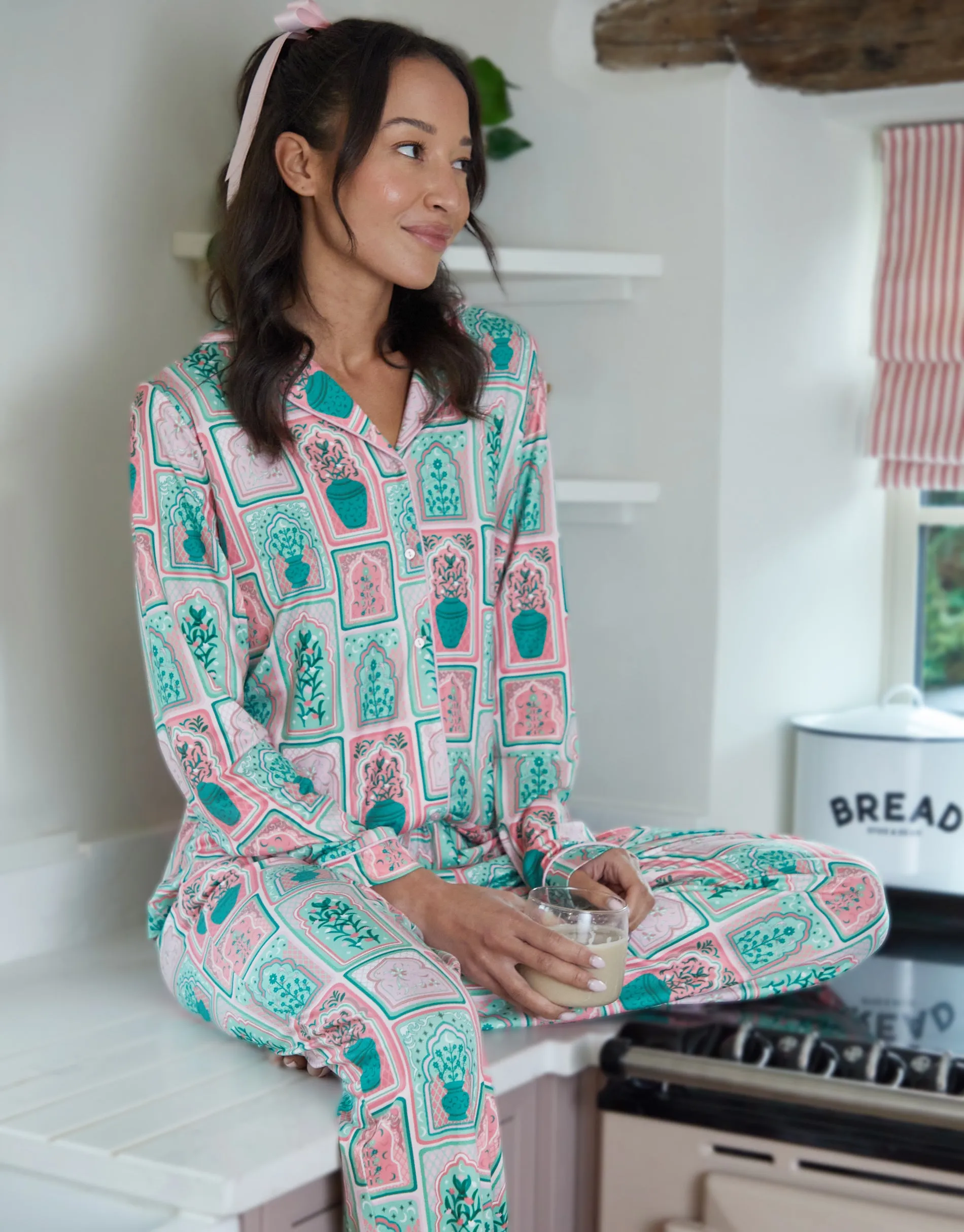 Pink & Green Postcard Long Button-Through Pyjamas (2-Piece Set) sold by Threadbare