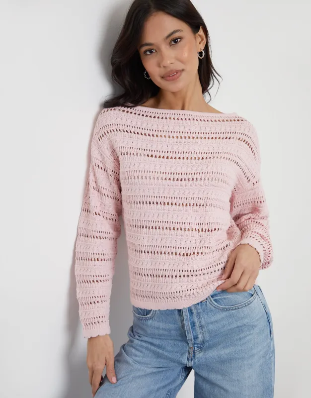 Crochet Style Slash Neck Jumper in Pink made by Threadbare