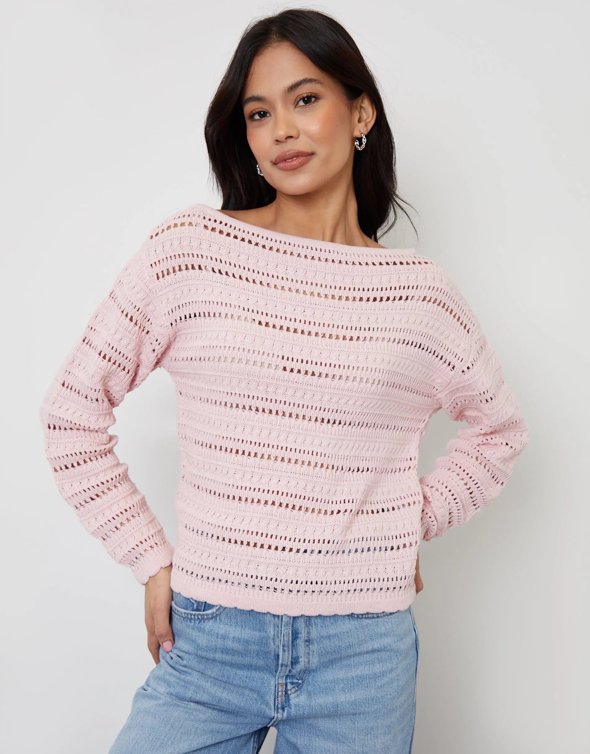 Crochet Style Slash Neck Jumper in Pink sold by Threadbare product image thumbnail 3