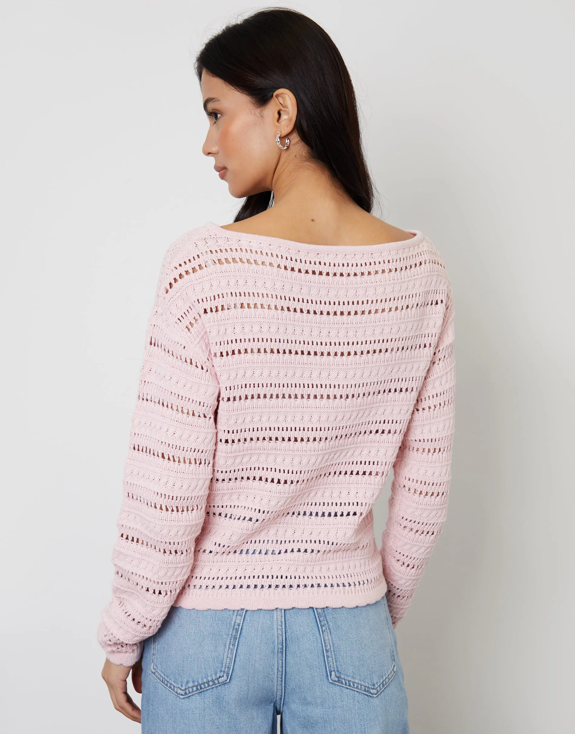 Crochet Style Slash Neck Jumper in Pink sold by Threadbare product image thumbnail 4