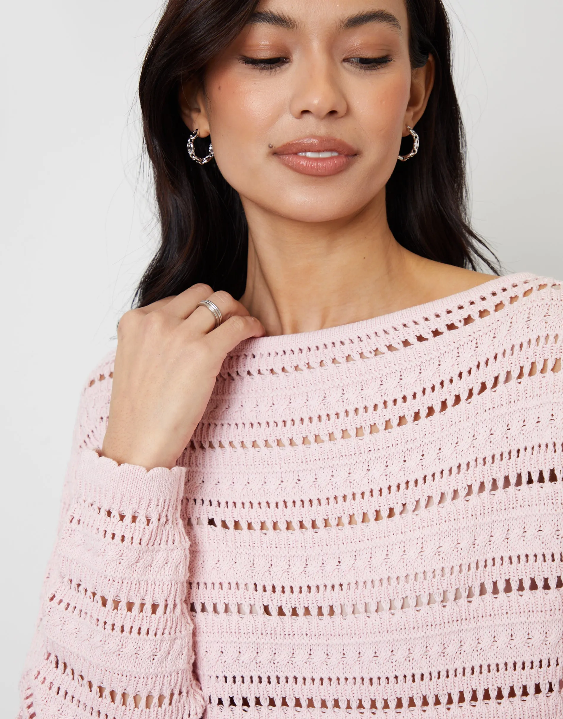 Crochet Style Slash Neck Jumper in Pink sold by Threadbare product image thumbnail 2